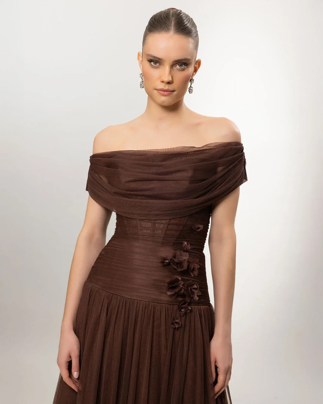 A26077-Düşük Omuz Kabarık Uzun Abiye Elbise - Kenzel