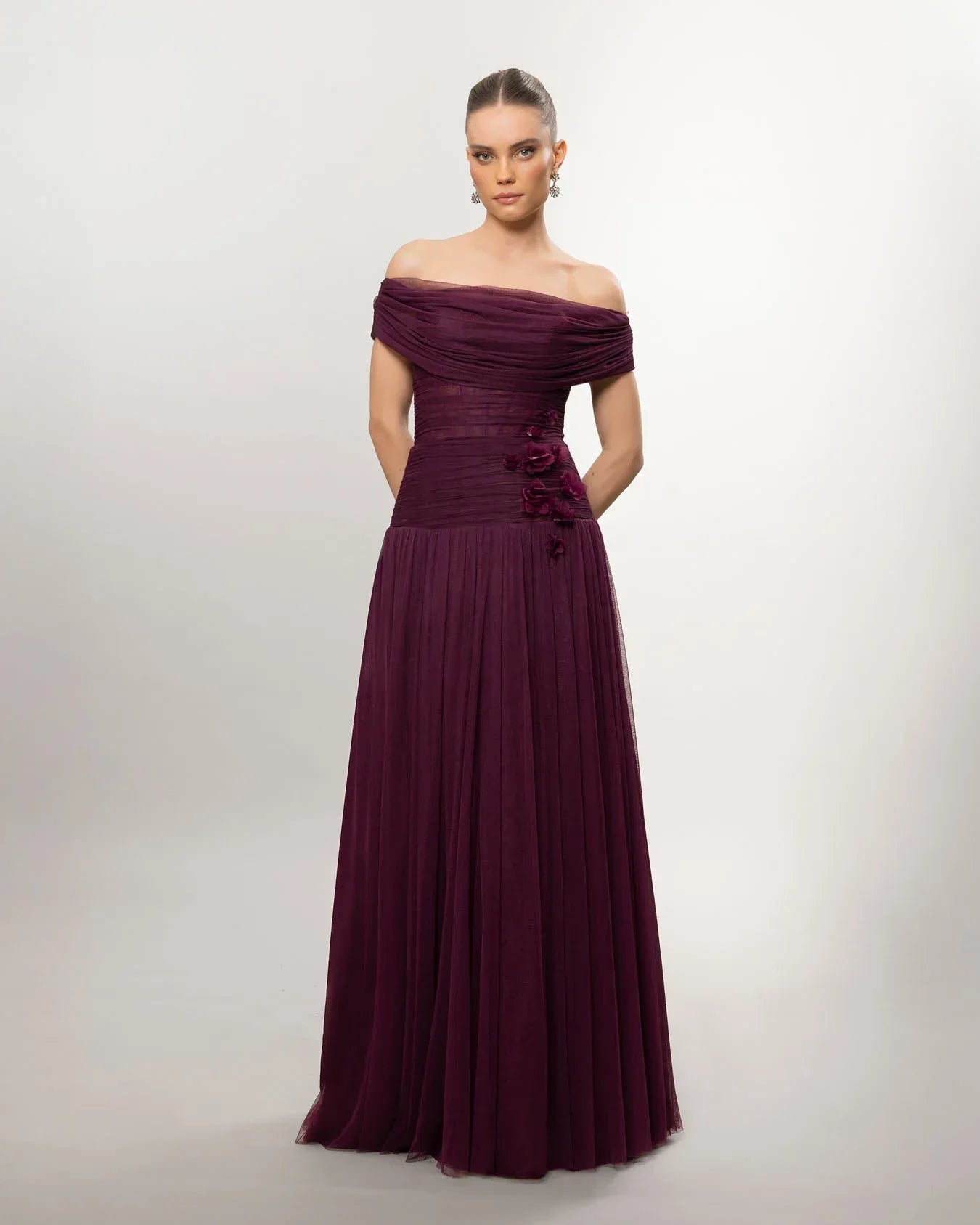 A26077-Düşük Omuz Kabarık Uzun Abiye Elbise - Kenzel