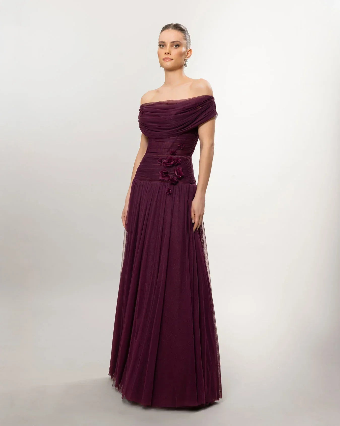 A26077-Düşük Omuz Kabarık Uzun Abiye Elbise - Kenzel