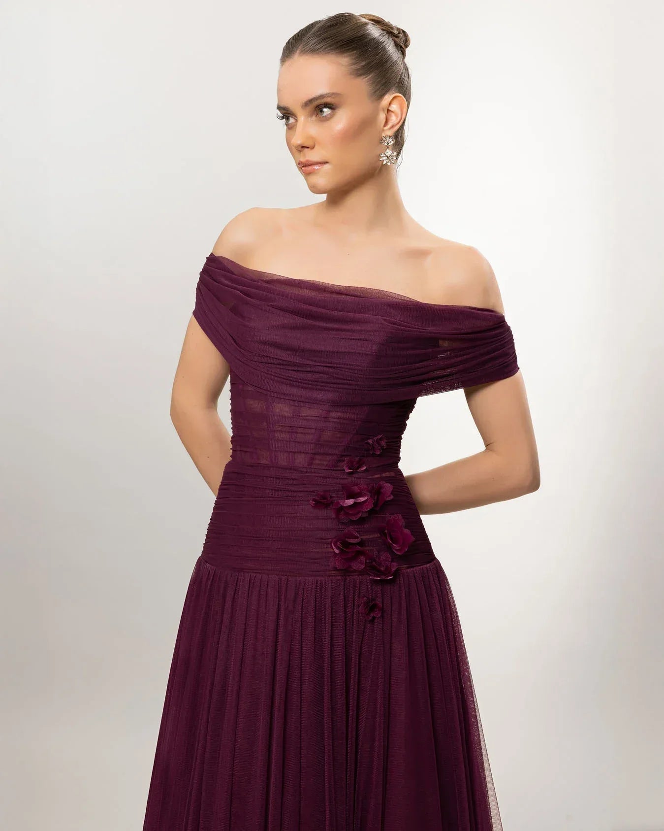 A26077-Düşük Omuz Kabarık Uzun Abiye Elbise - Kenzel