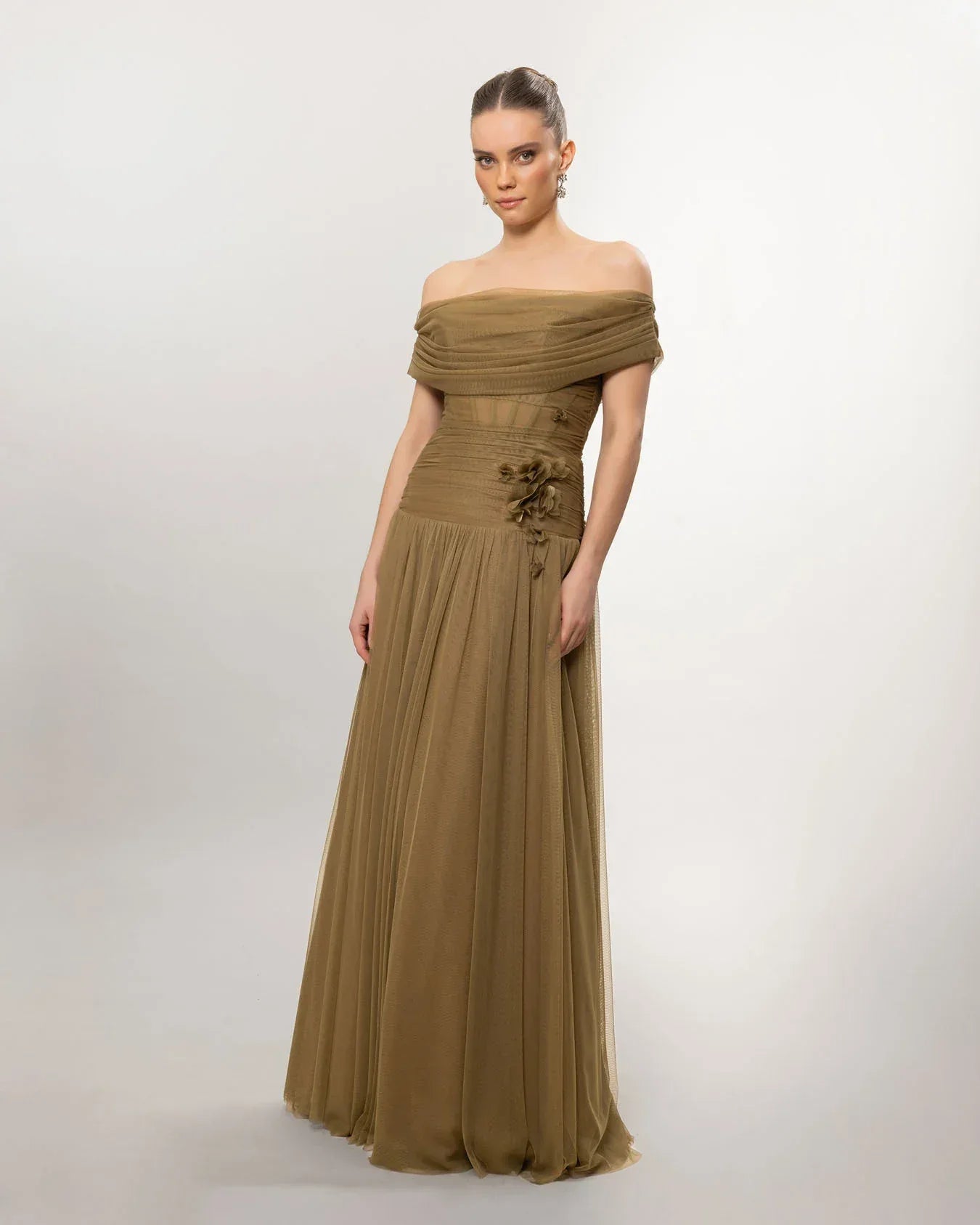 A26077-Düşük Omuz Kabarık Uzun Abiye Elbise - Kenzel