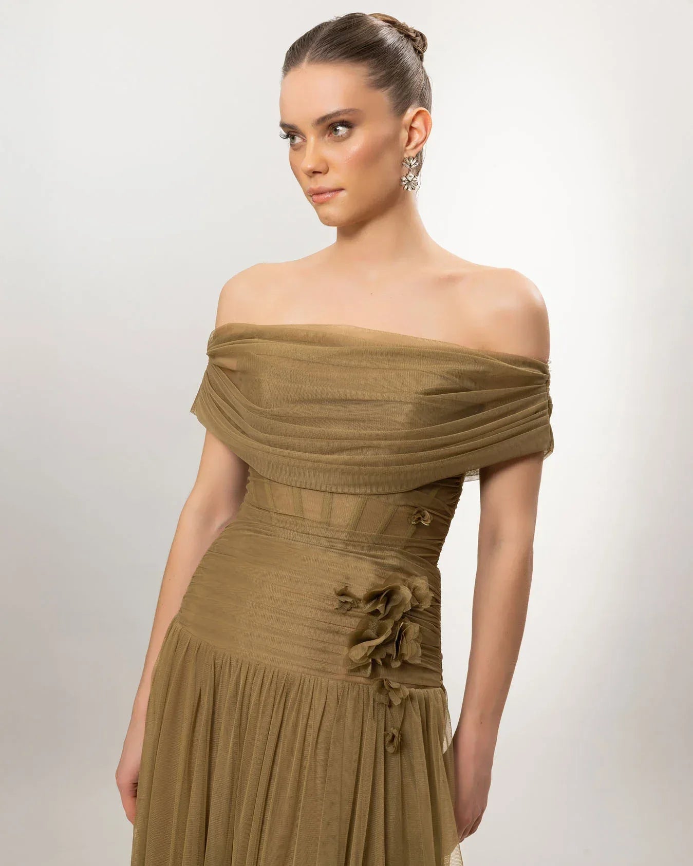 A26077-Düşük Omuz Kabarık Uzun Abiye Elbise - Kenzel