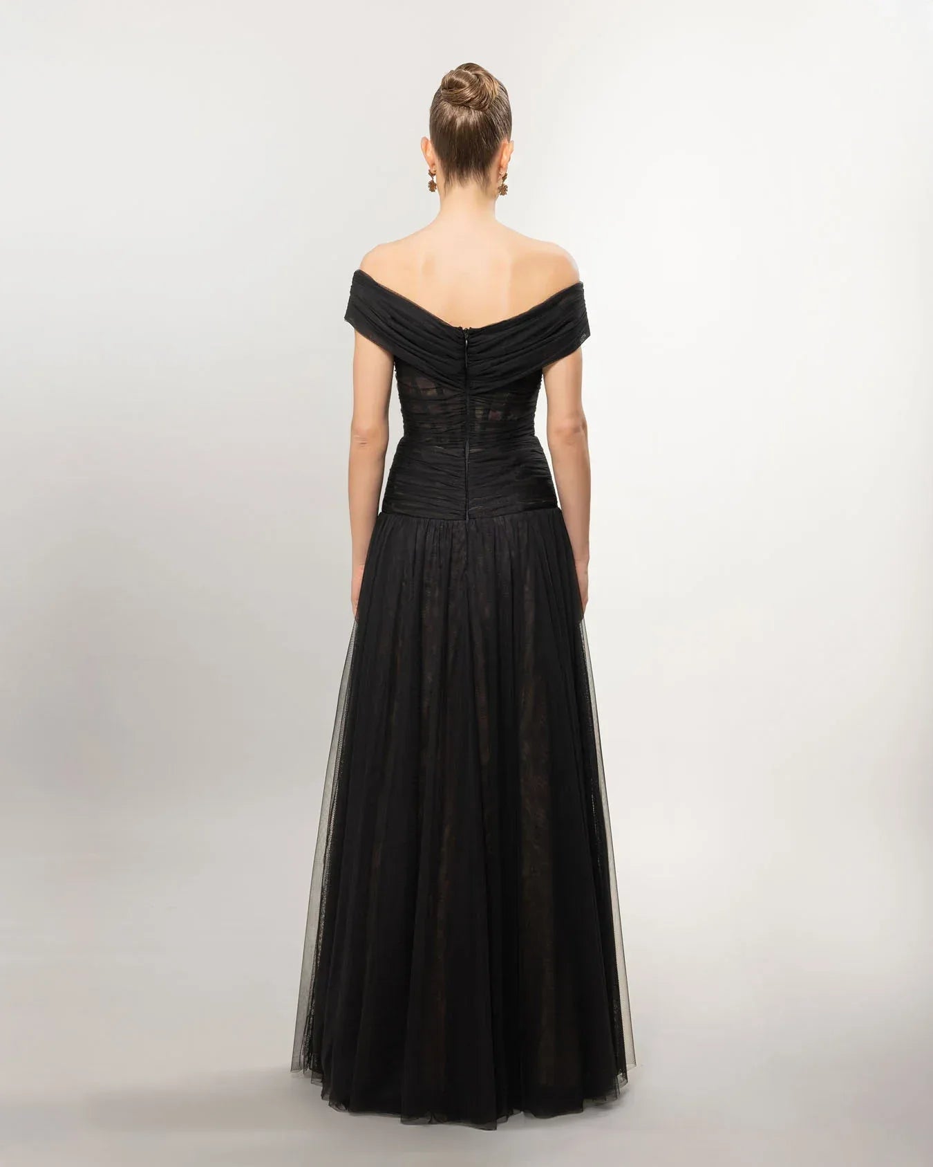 A26077-Düşük Omuz Kabarık Uzun Abiye Elbise - Kenzel