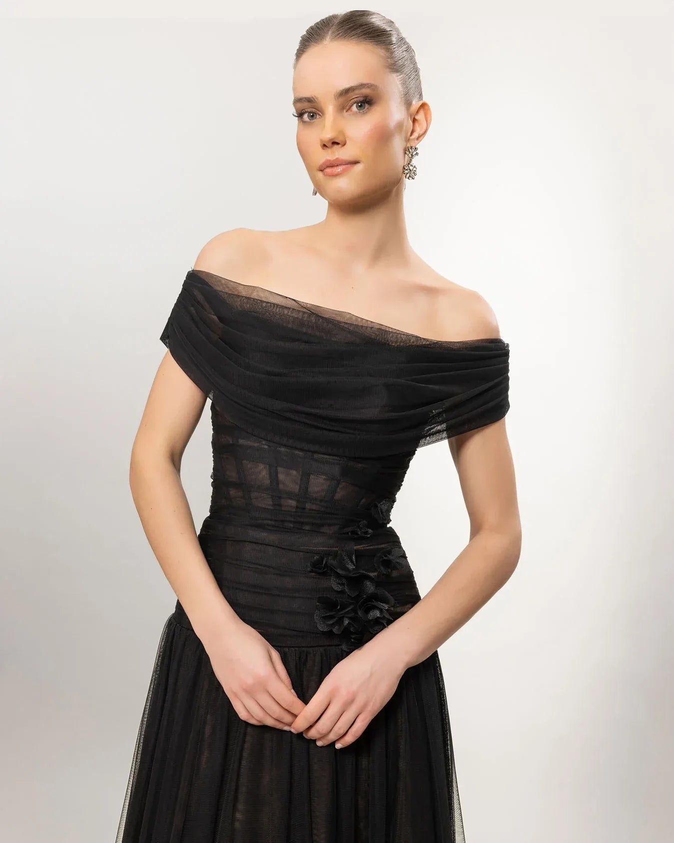 A26077-Düşük Omuz Kabarık Uzun Abiye Elbise - Kenzel