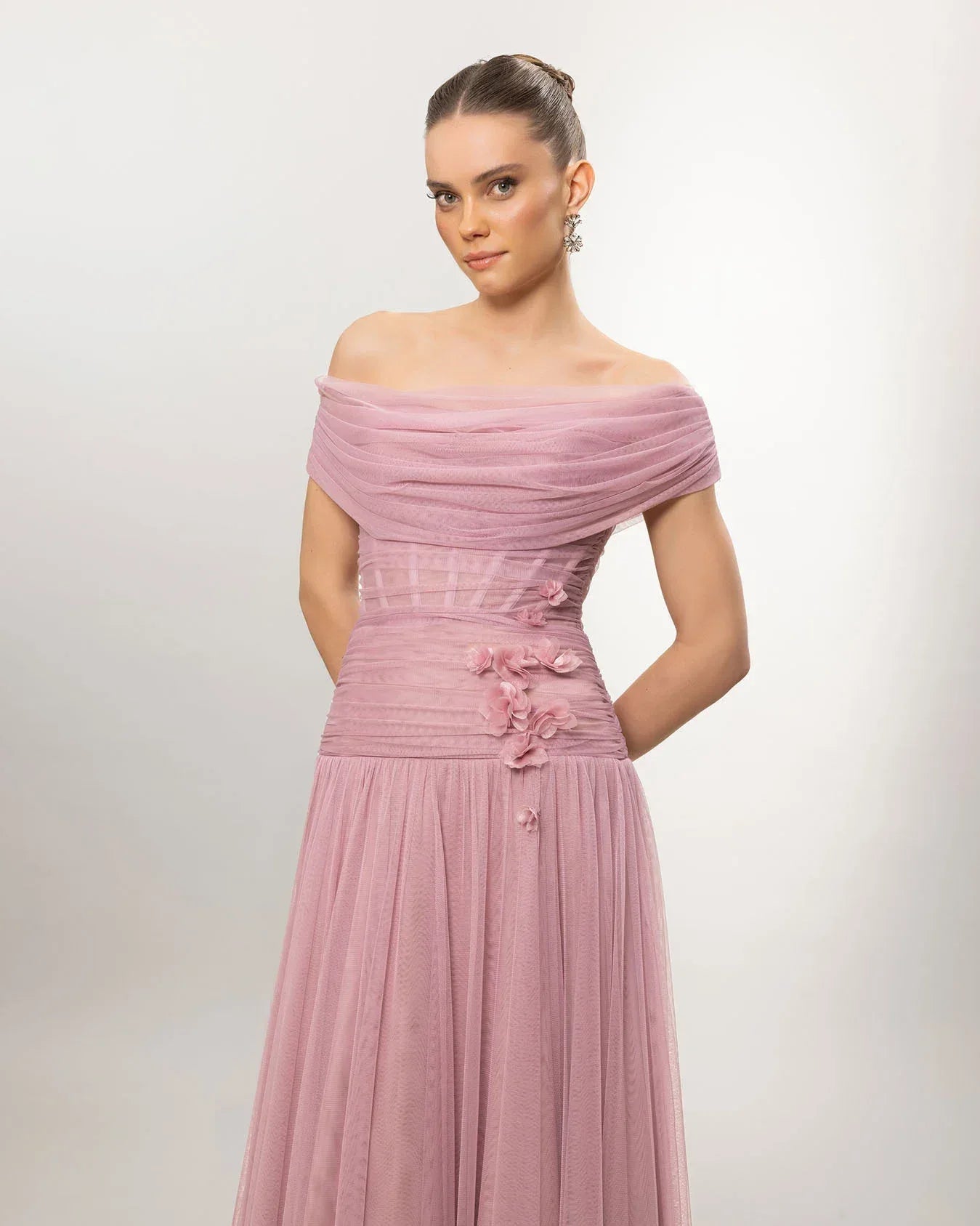 A26077-Düşük Omuz Kabarık Uzun Abiye Elbise - Kenzel
