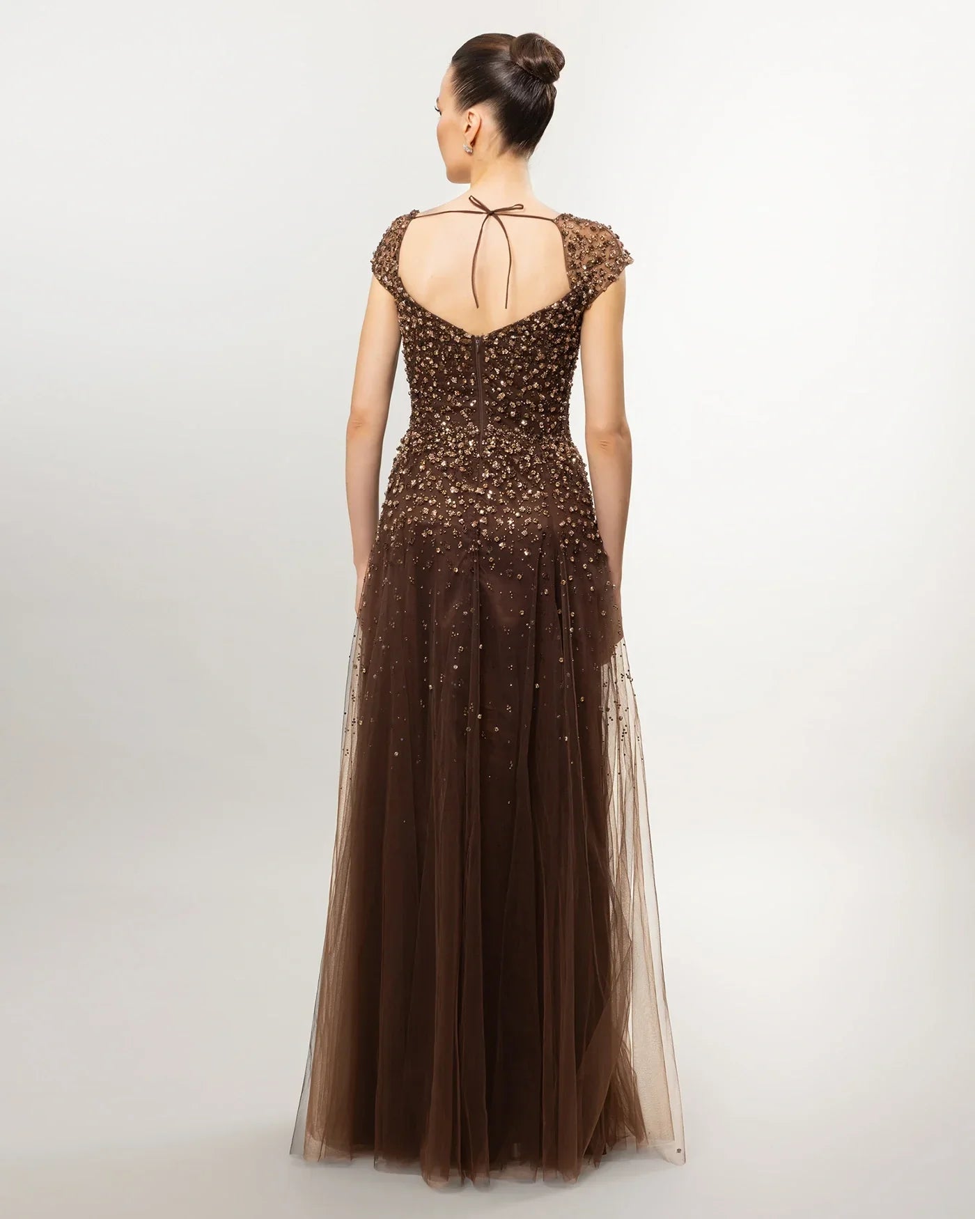 A26109-Square Neckline Stone Embellished Tulle Long Evening Dress