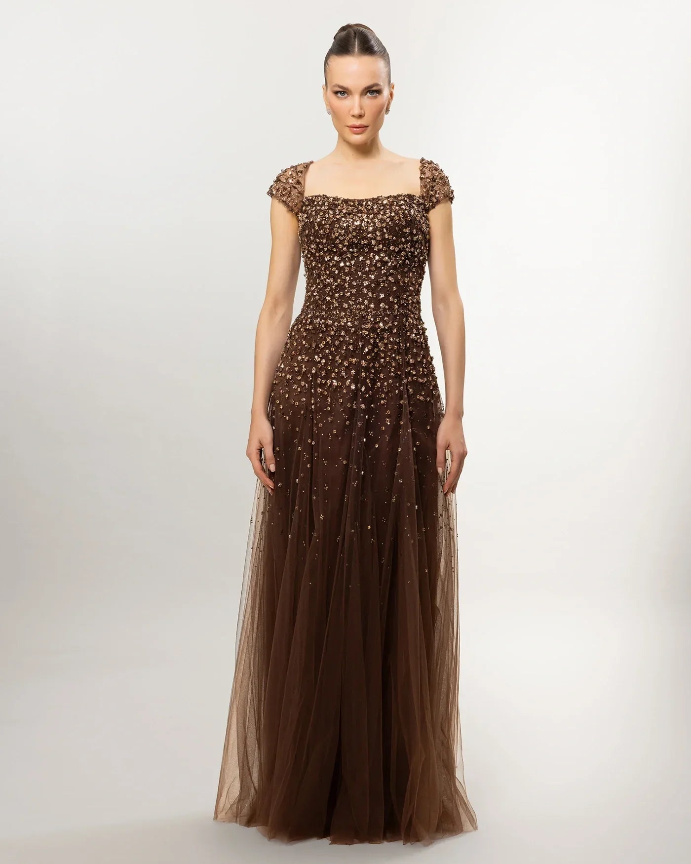 A26109-Square Neckline Stone Embellished Tulle Long Evening Dress