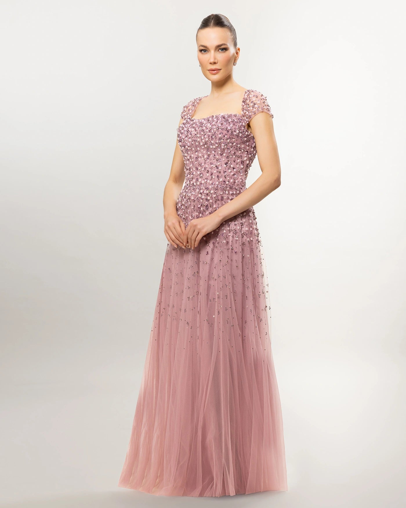A26109-Square Neckline Stone Embellished Tulle Long Evening Dress