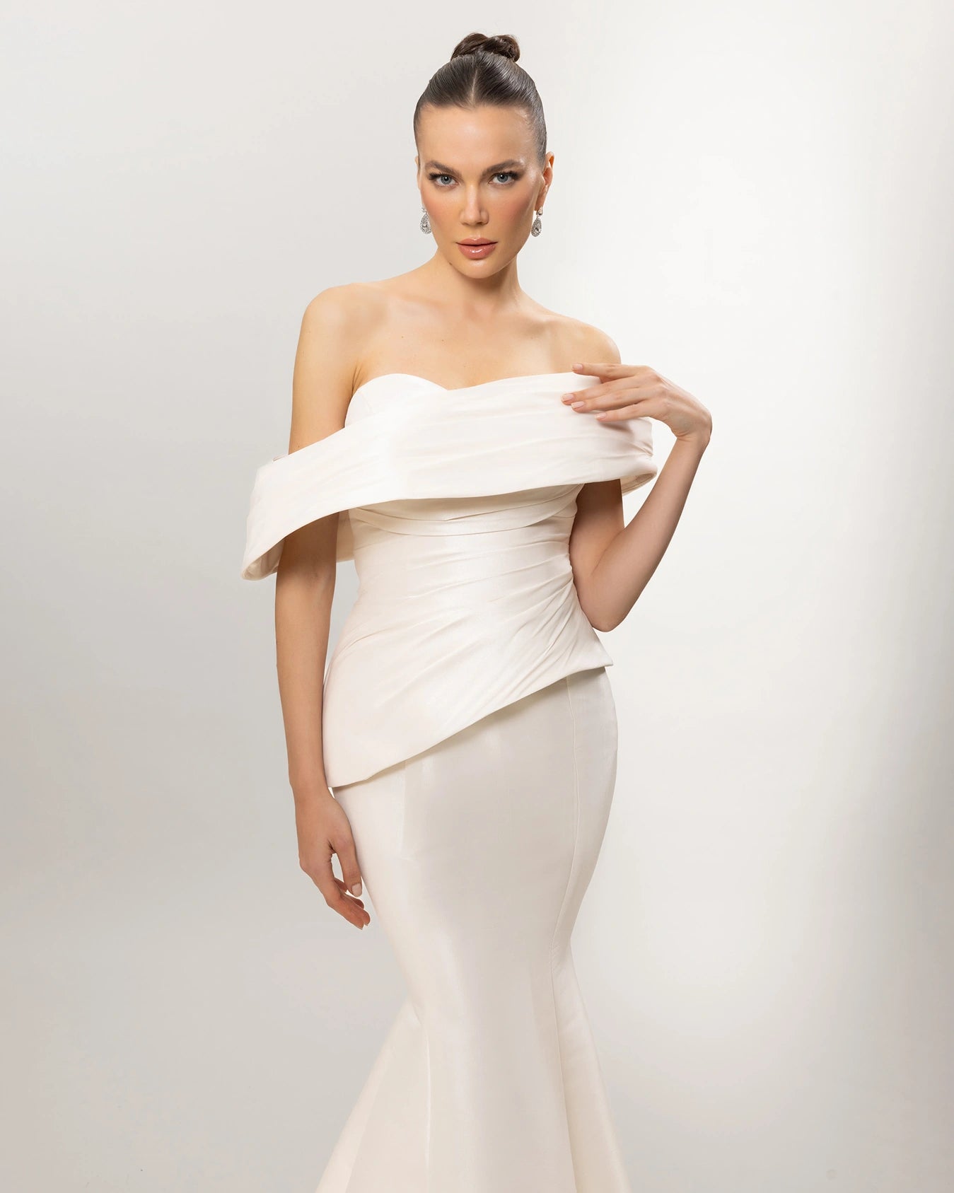 A26140-Asymmetric Neck Draped Mermaid Evening Dress