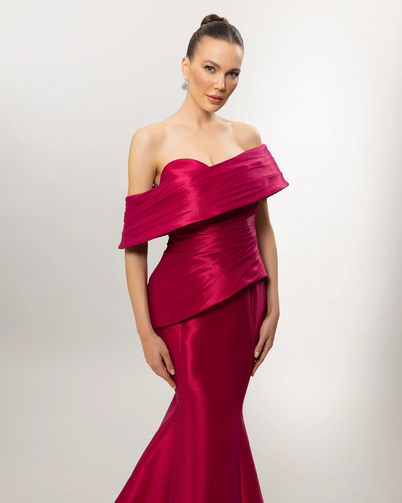 A26140-Asymmetric Neck Draped Mermaid Evening Dress