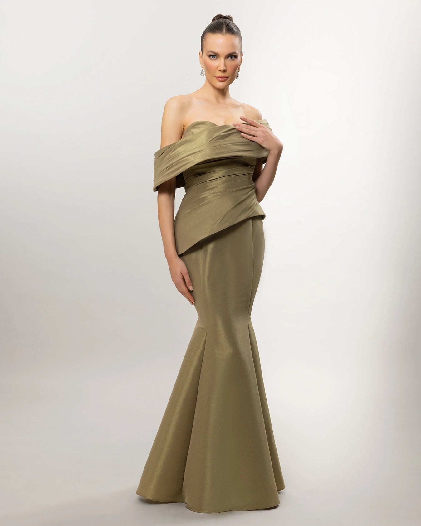 A26140-Asymmetric Neck Draped Mermaid Evening Dress