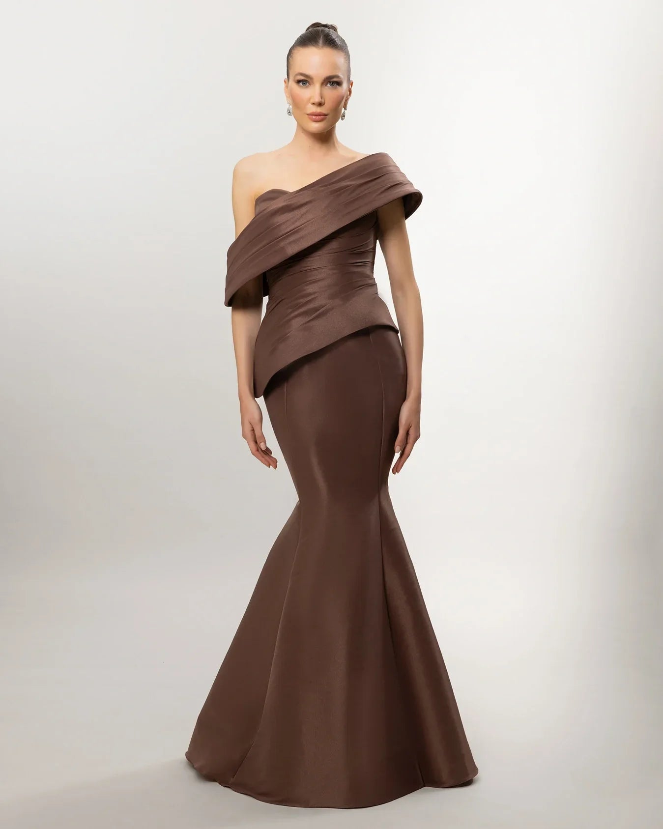 A26140-Asymmetric Neck Draped Mermaid Evening Dress