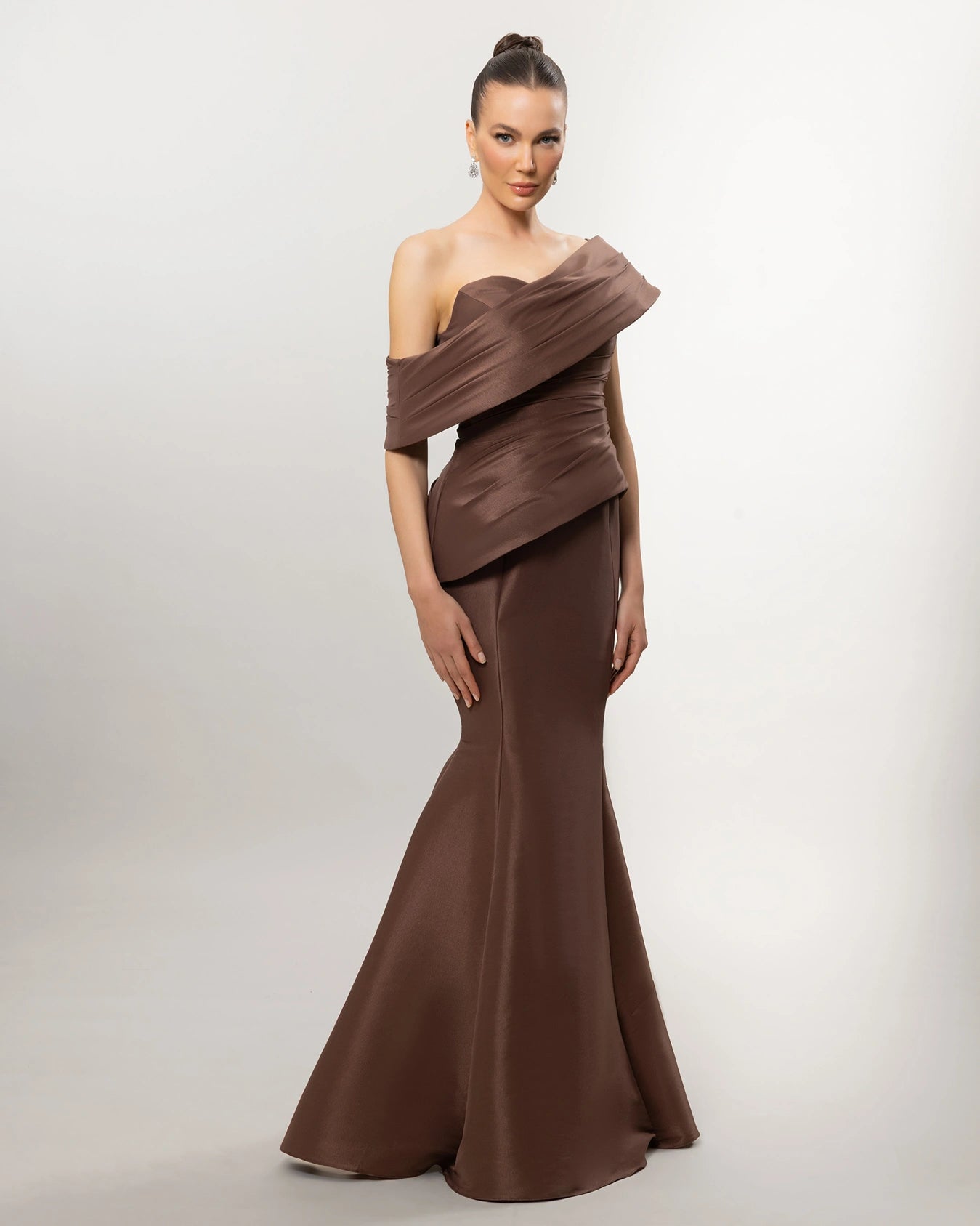 A26140-Asymmetric Neck Draped Mermaid Evening Dress