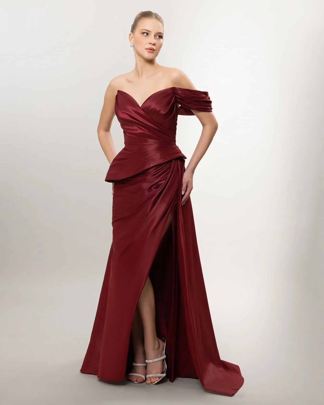 A26141-Sweetheart Neckline Peplum Detail Slit Long Evening Dress