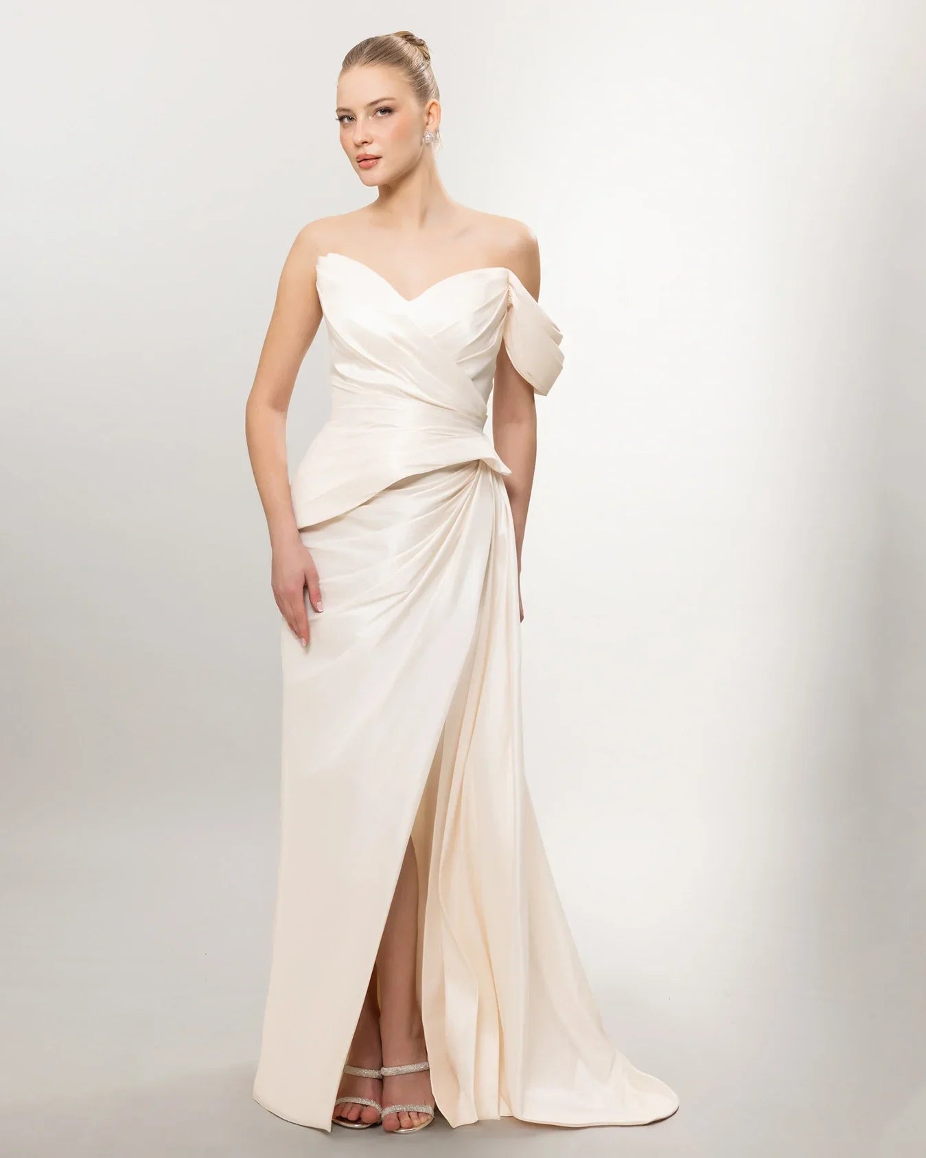 A26141-Sweetheart Neckline Peplum Detail Slit Long Evening Dress