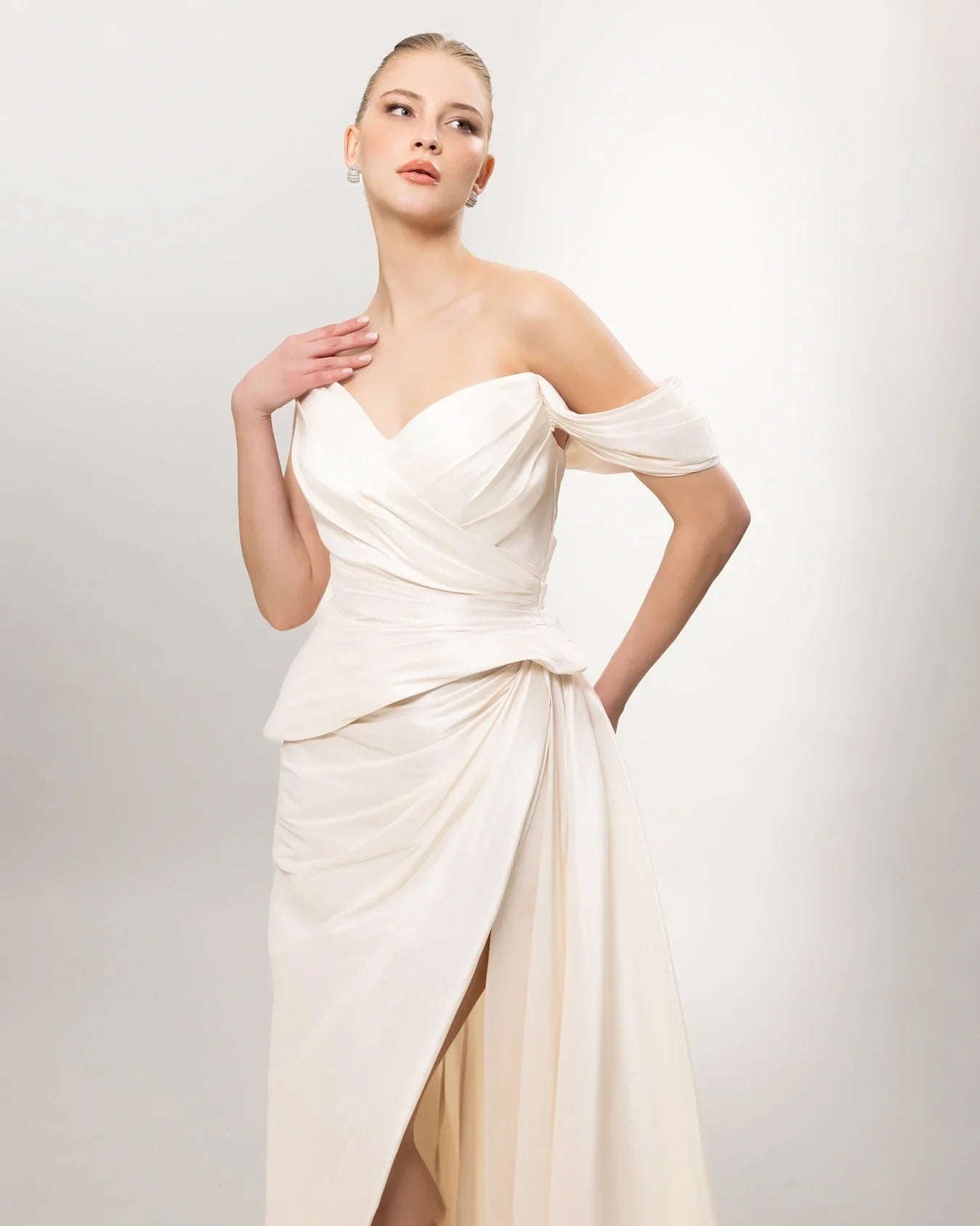 A26141-Sweetheart Neckline Peplum Detail Slit Long Evening Dress