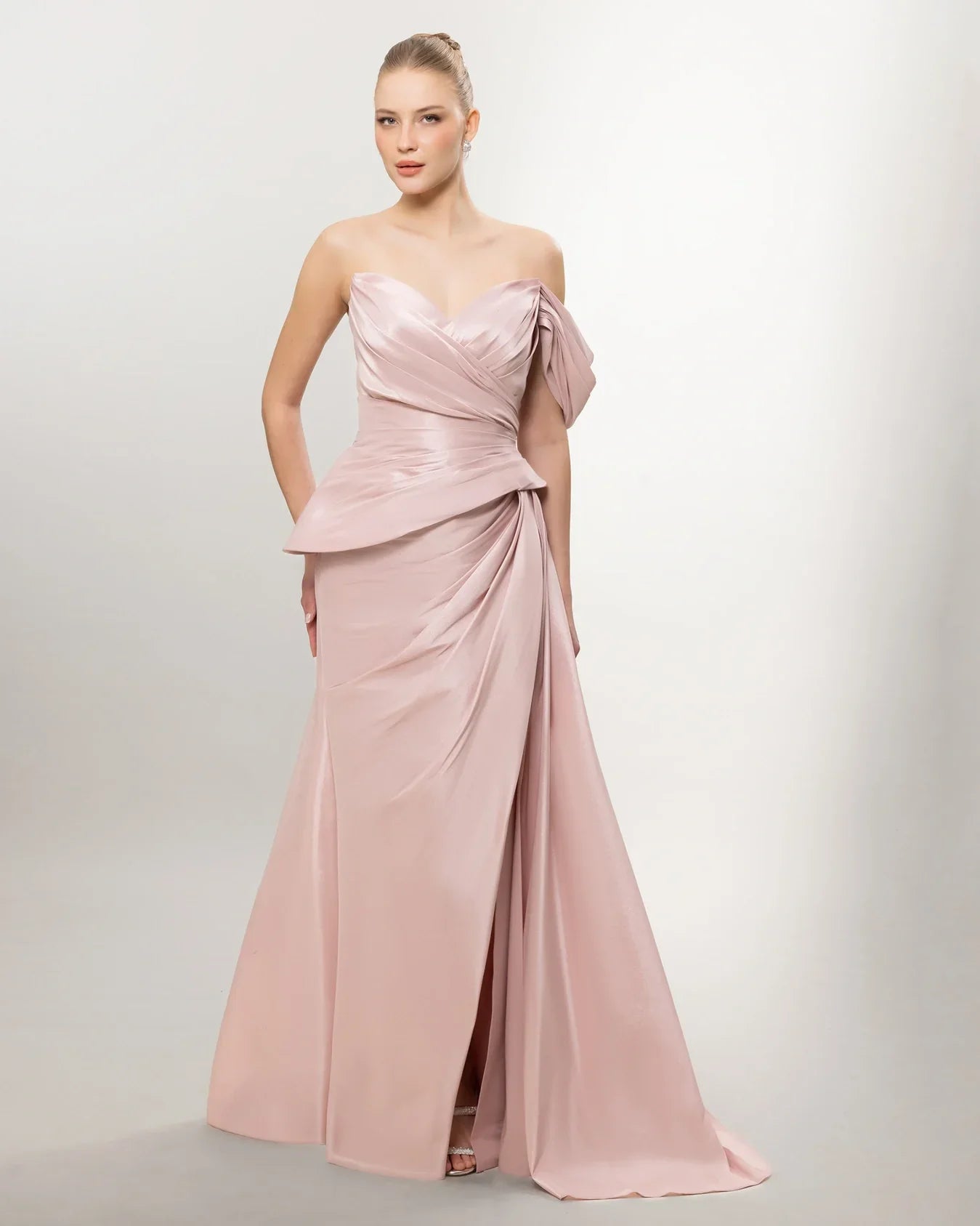 A26141-Sweetheart Neckline Peplum Detail Slit Long Evening Dress