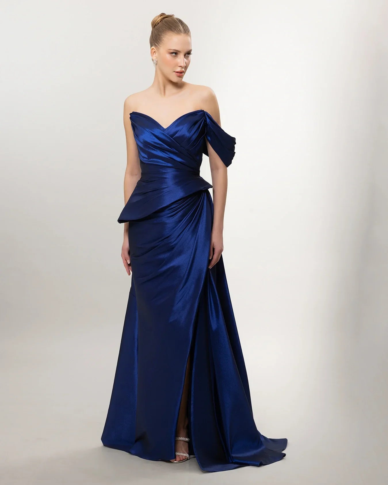 A26141-Sweetheart Neckline Peplum Detail Slit Long Evening Dress