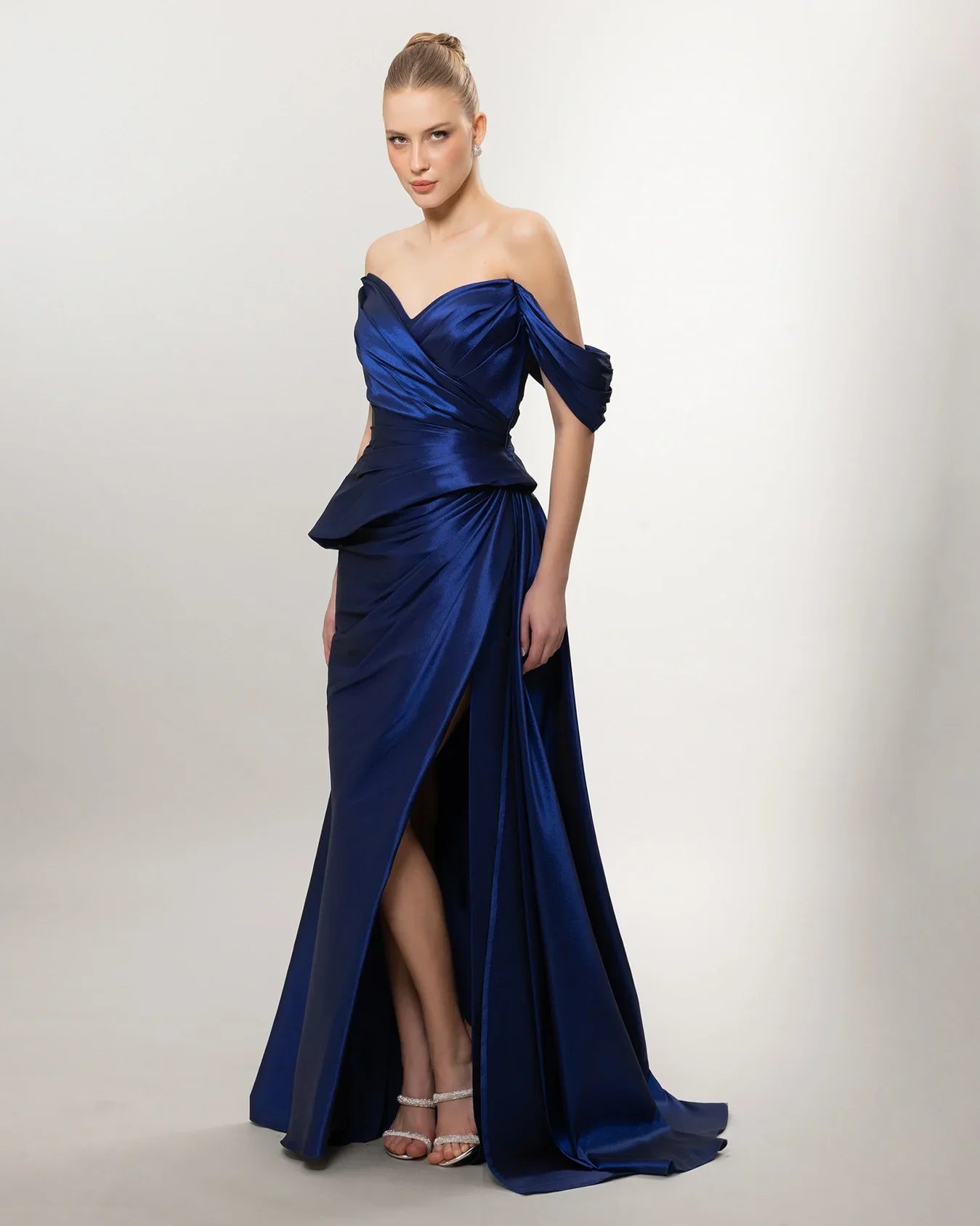 A26141-Sweetheart Neckline Peplum Detail Slit Long Evening Dress