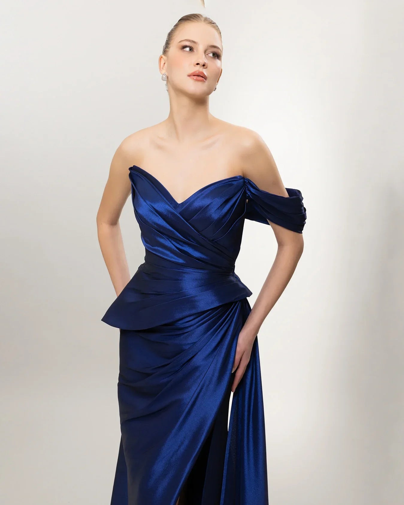 A26141-Sweetheart Neckline Peplum Detail Slit Long Evening Dress