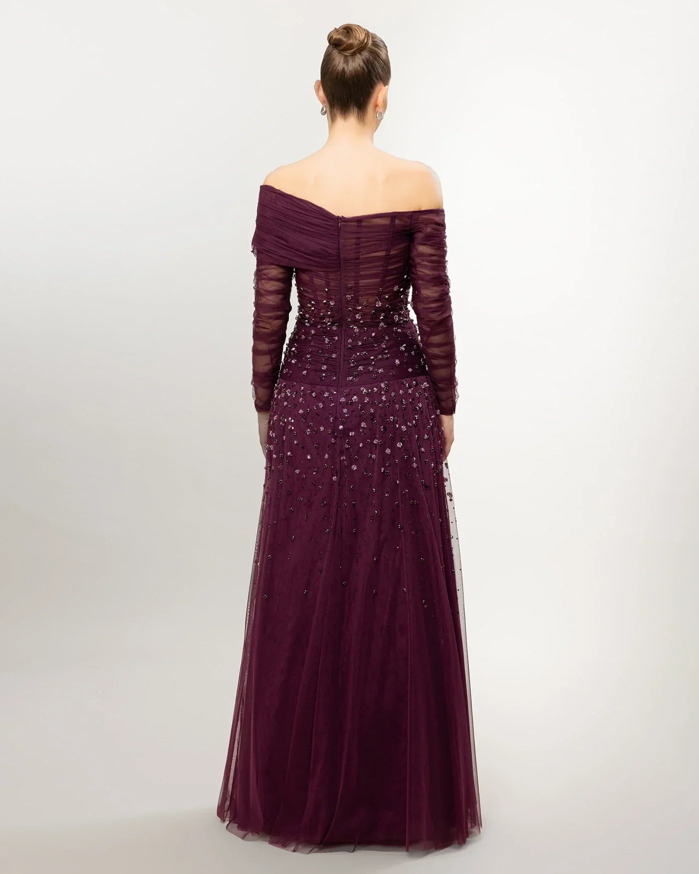 A26148-Low Shoulder Stone-Embroidered Transparent Long Evening Dress
