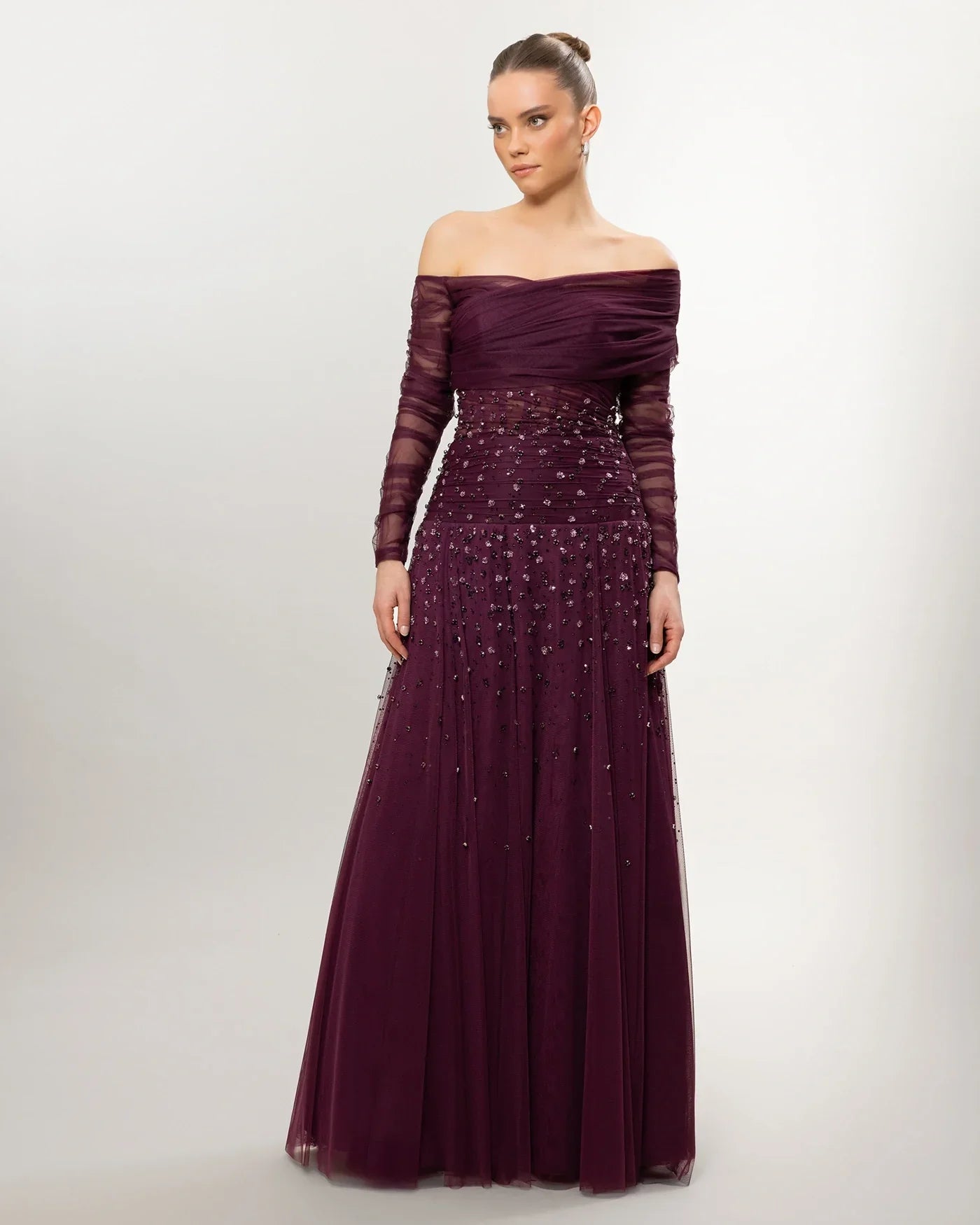 A26148-Low Shoulder Stone-Embroidered Transparent Long Evening Dress