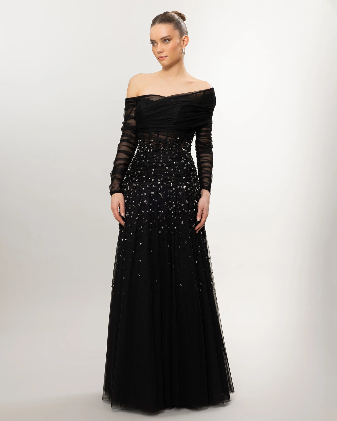 A26148-Low Shoulder Stone-Embroidered Transparent Long Evening Dress