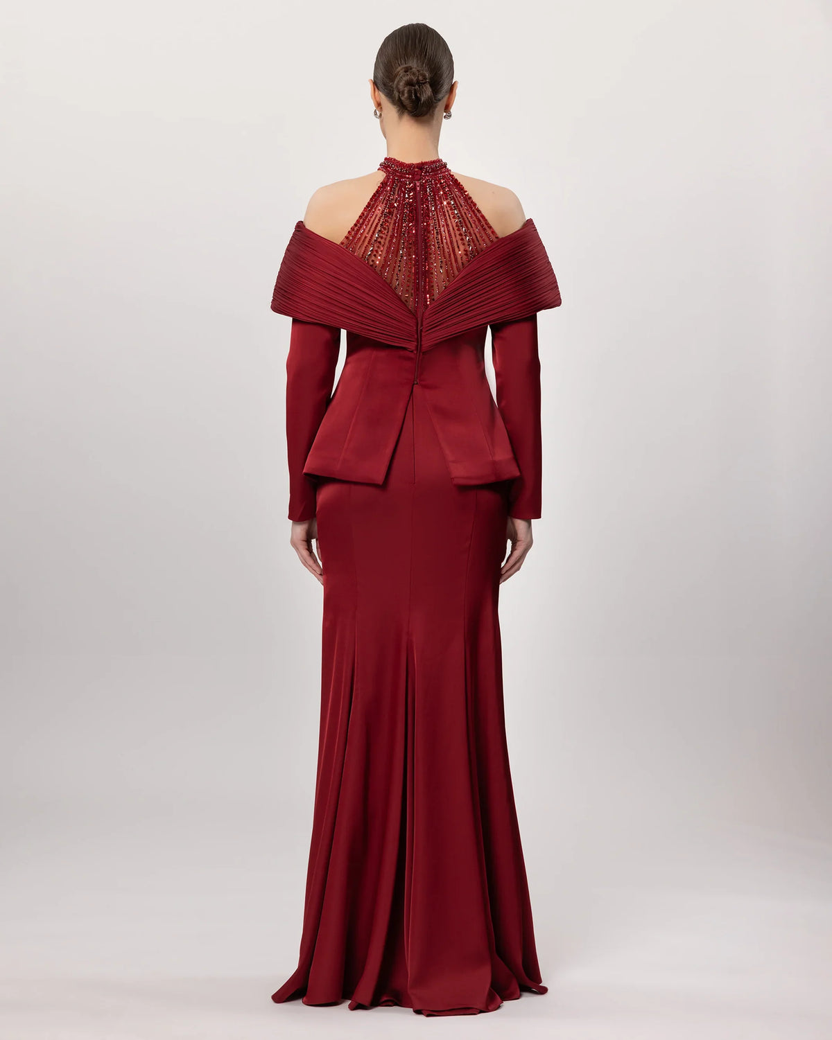 A26182-Embroidered Halter Neck Pleated Shoulder Detail Dress