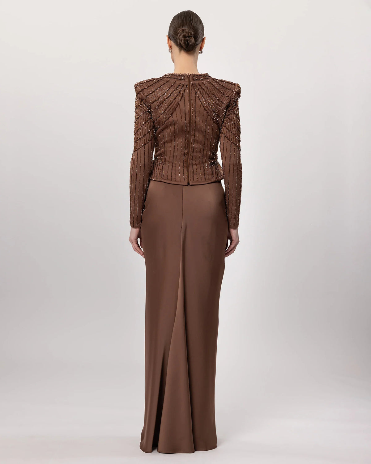 A26188 - Stone-Embellished Padded Shoulder Draped Evening Dress