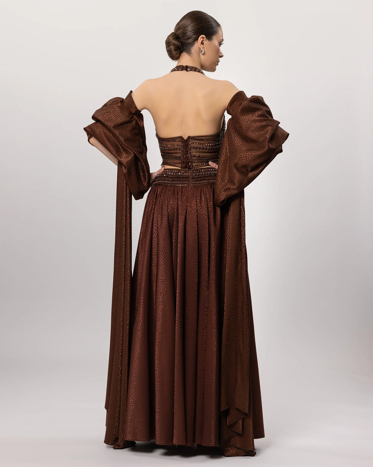 E26145-Stone Embellished Halter Neck Puffy Sleeve Gown