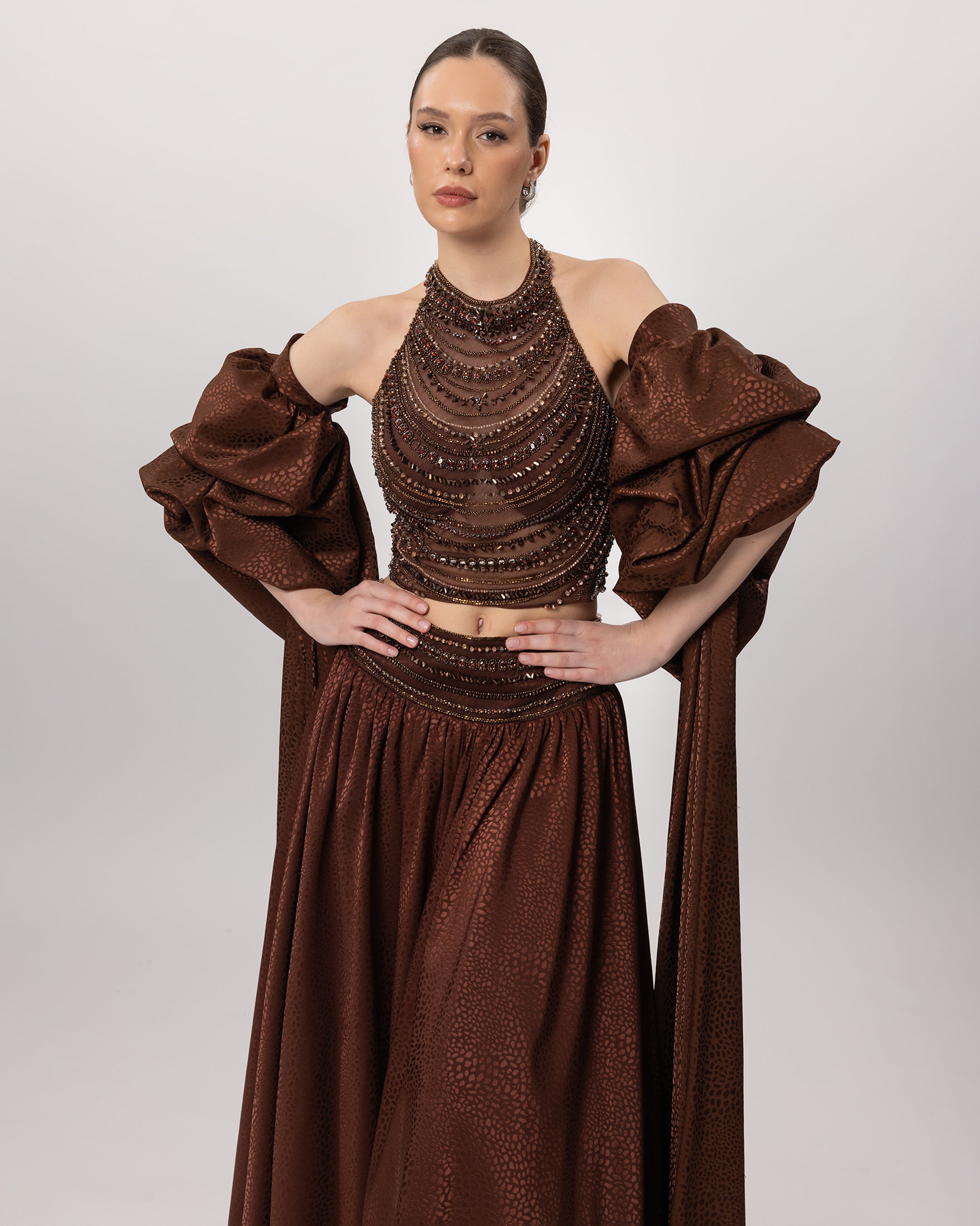 E26145 - فستان سهرة منفوش بأكمام بالون ورقبة رسن ومطرز بحجر
