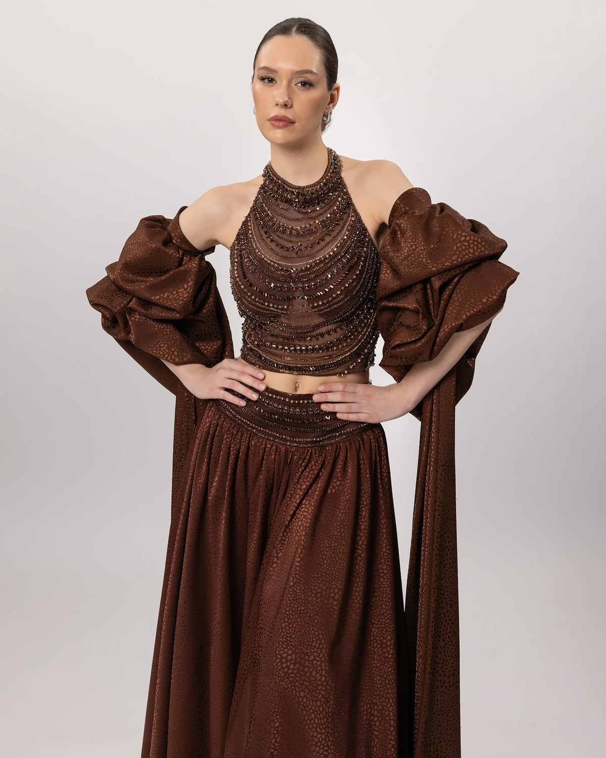 E26145-Stone Embellished Halter Neck Puffy Sleeve Gown