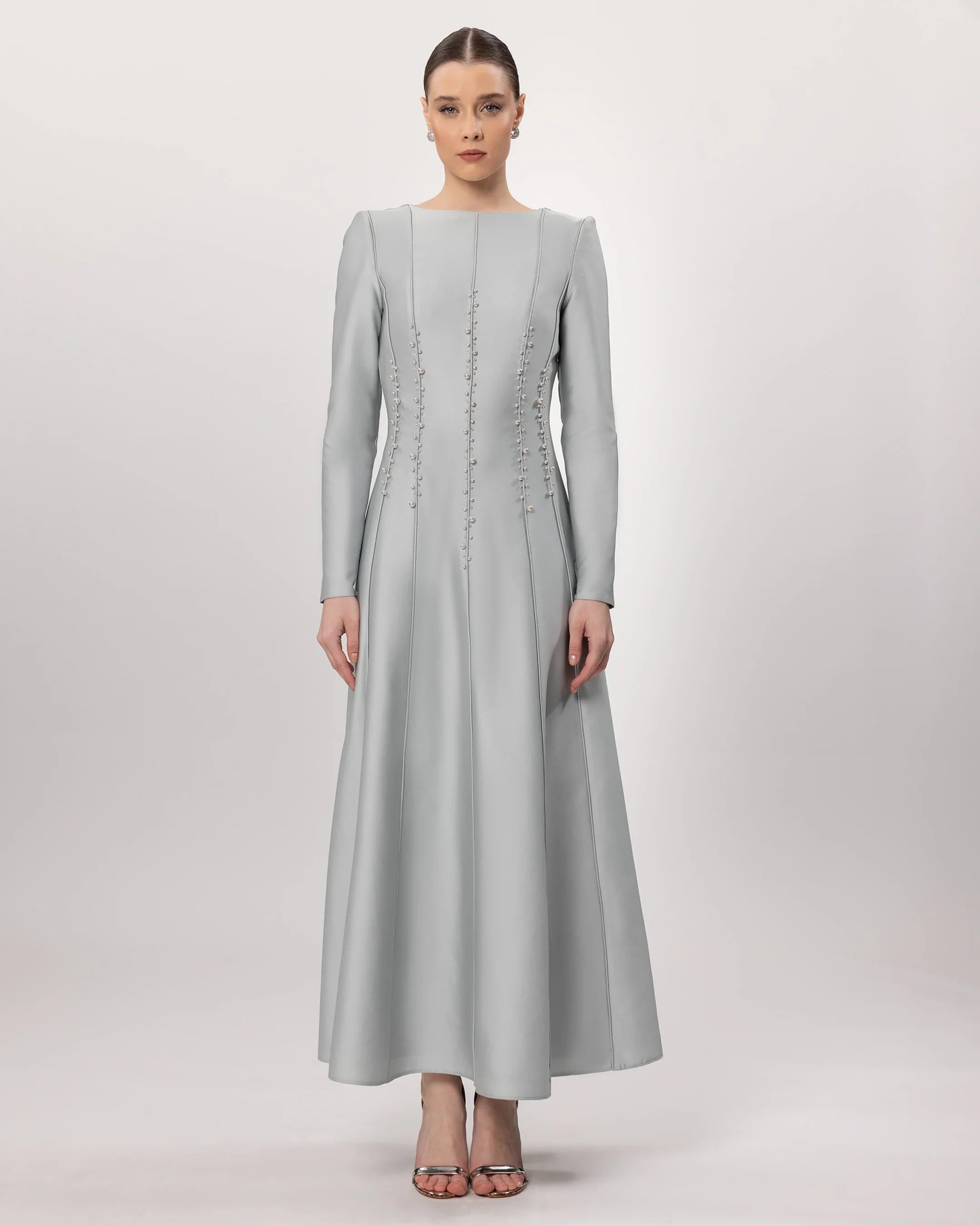 E26208-Pearl Embroidered Long Sleeve Midi Dress