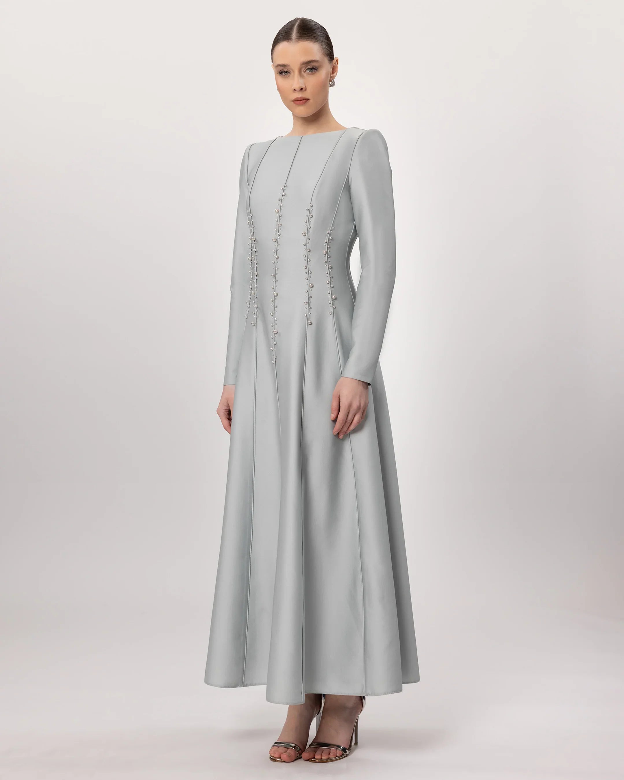 E26208-Pearl Embroidered Long Sleeve Midi Dress