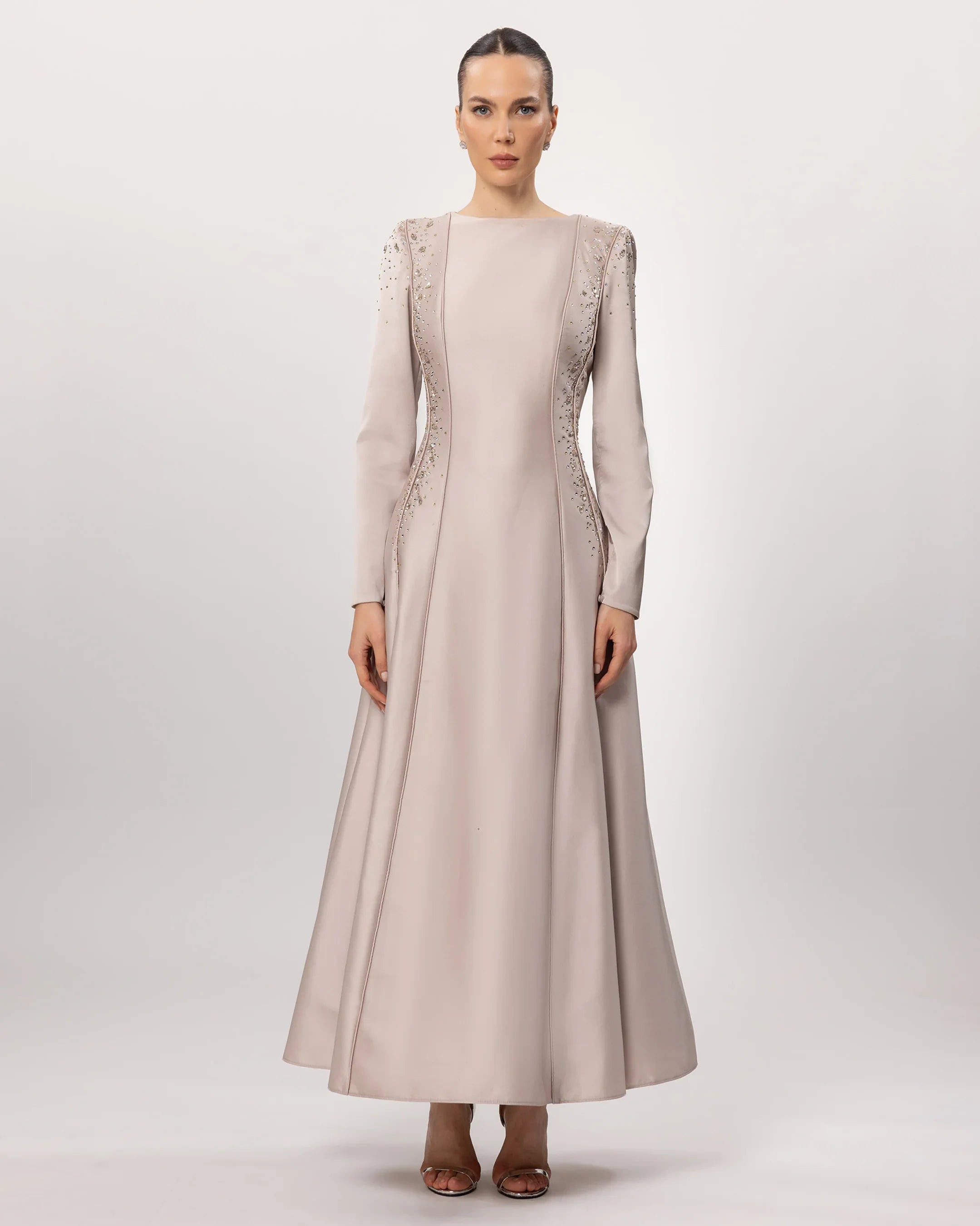E26221-Stone Embellished Long Sleeve Midi Dress