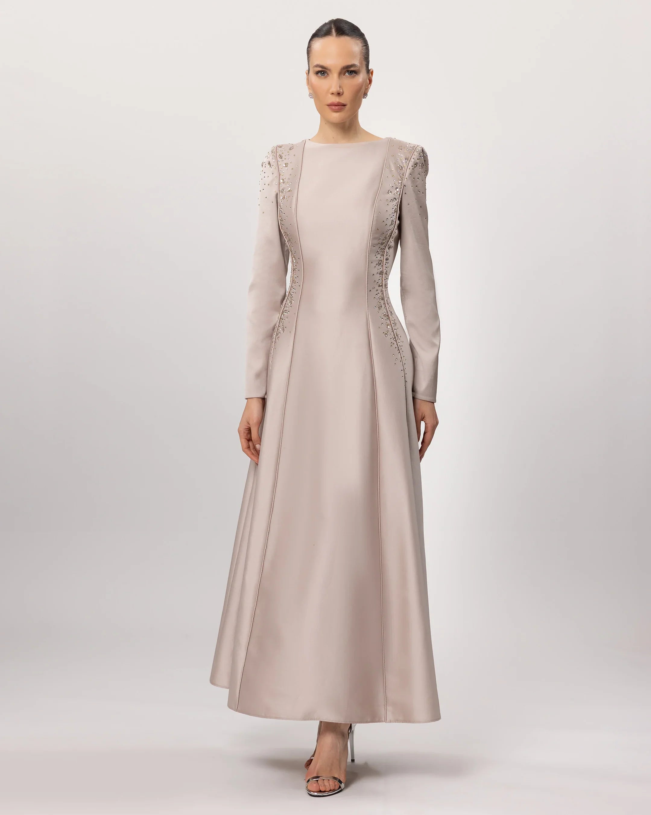 E26221-Stone Embellished Long Sleeve Midi Dress