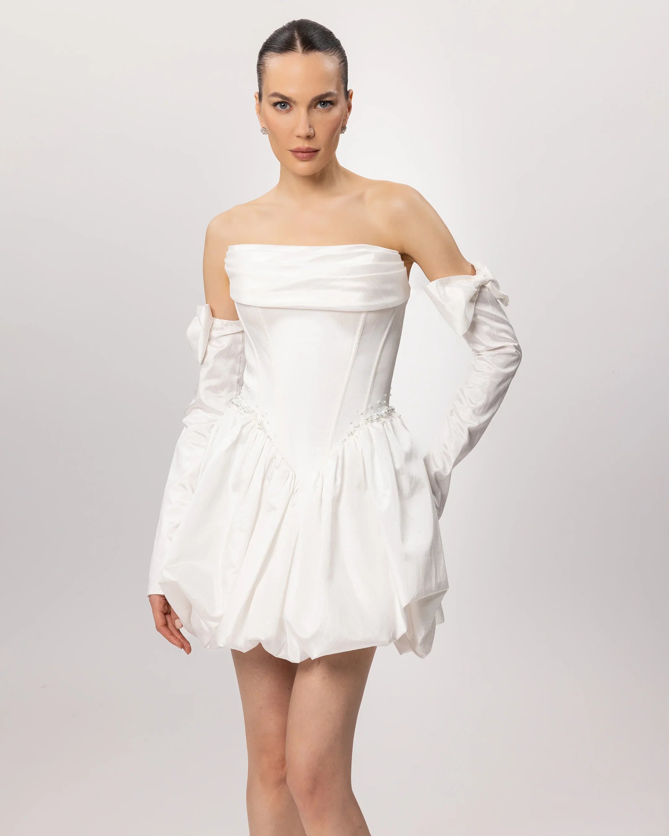 E26305-Glove Detailed Corset Balloon Skirt Mini Dress