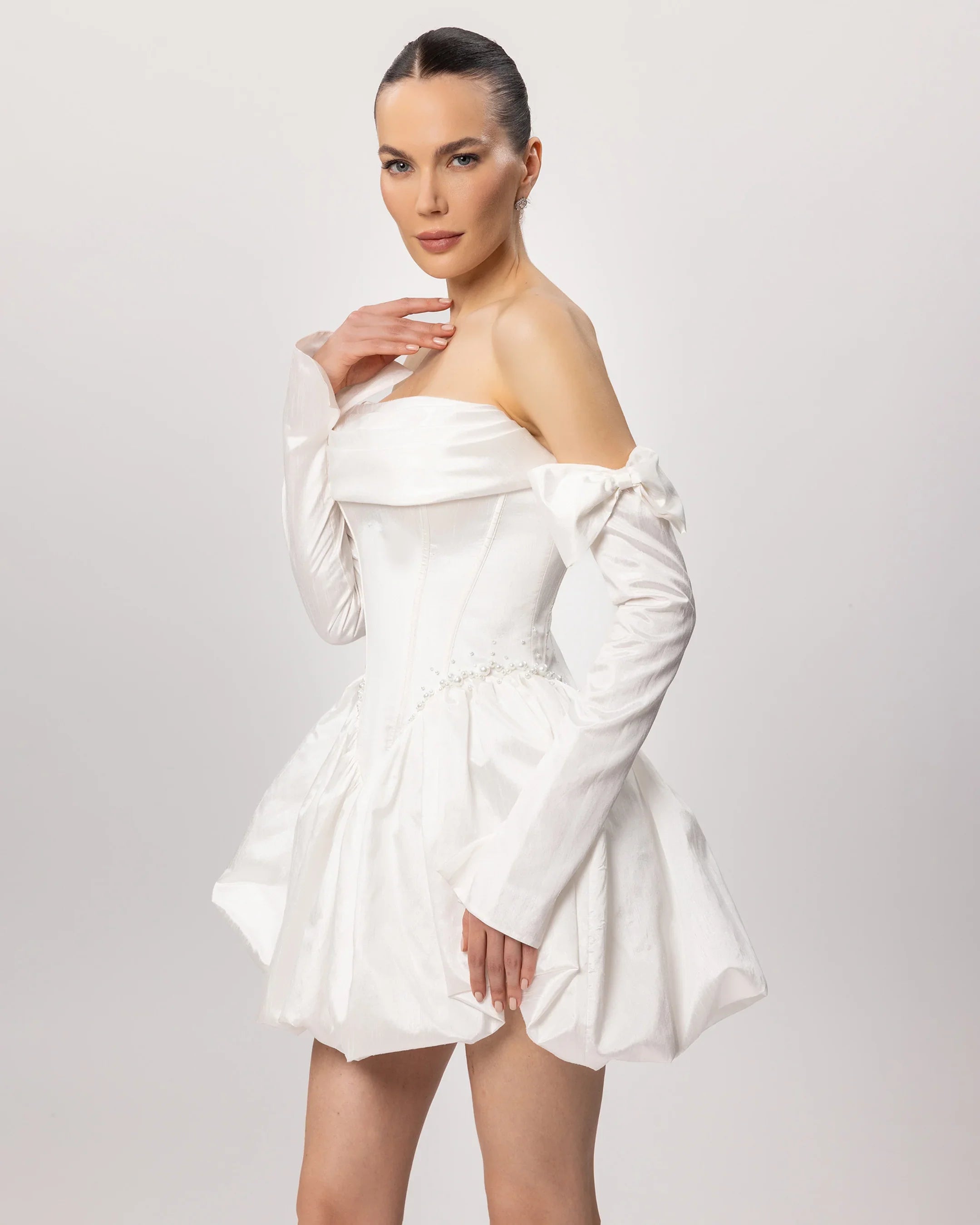 E26305-Glove Detailed Corset Balloon Skirt Mini Dress