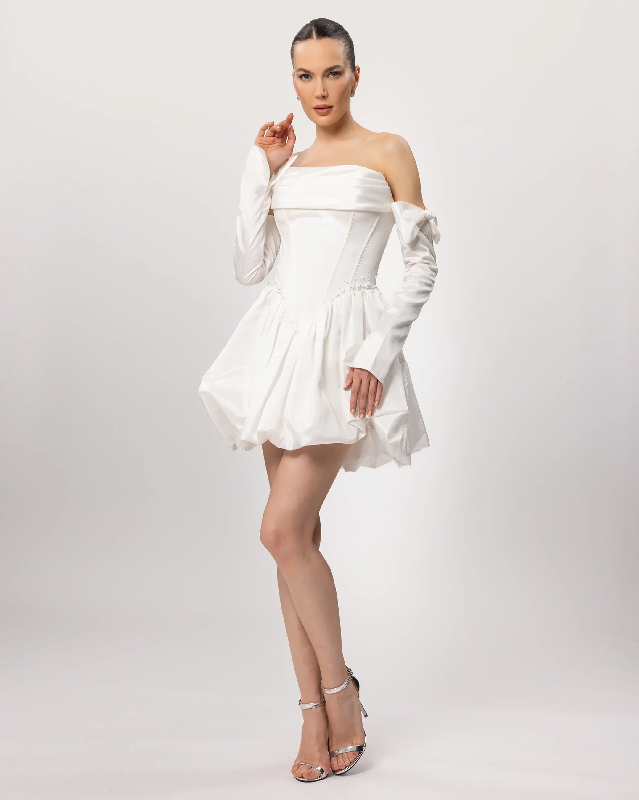 E26305-Glove Detailed Corset Balloon Skirt Mini Dress