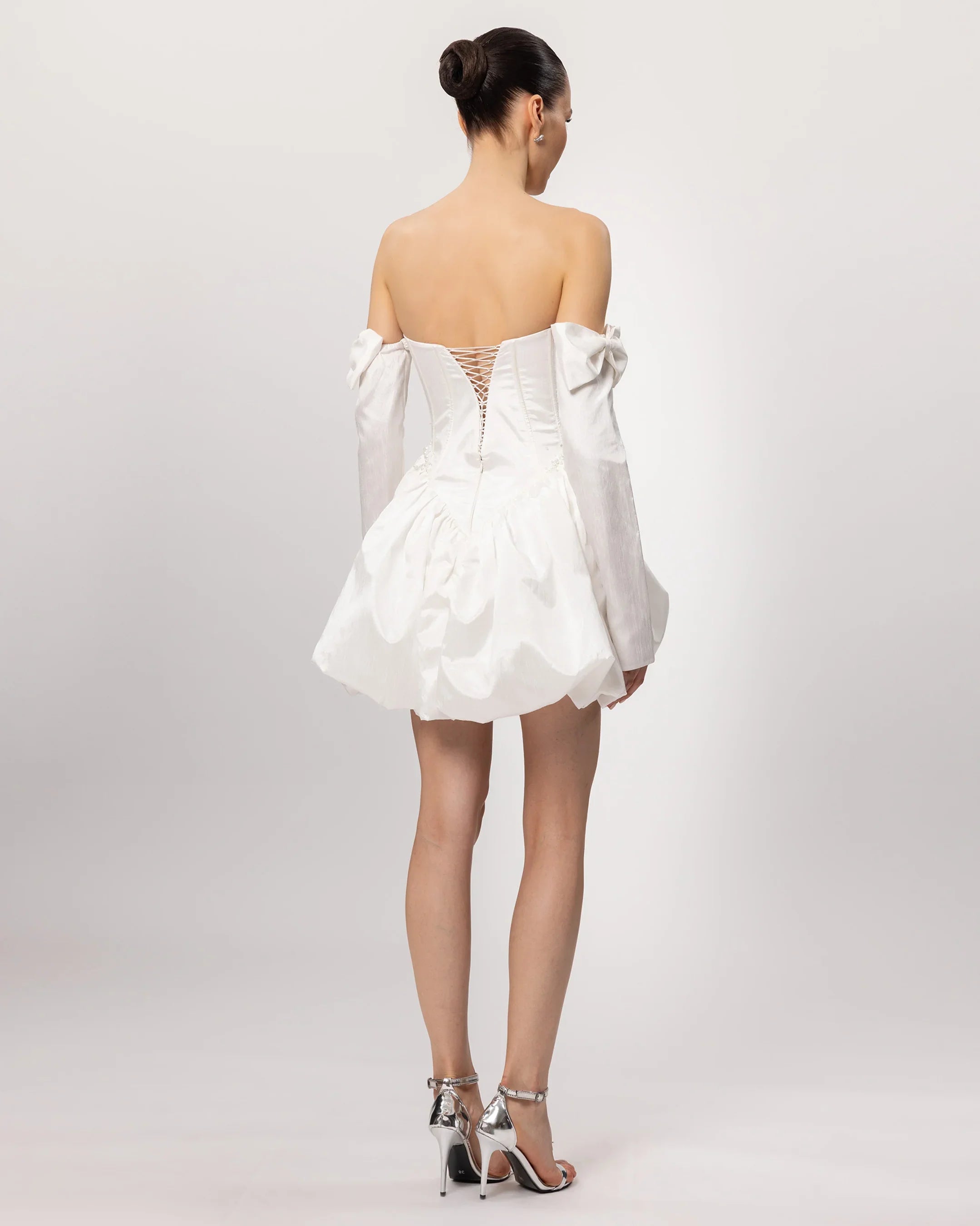 E26305-Glove Detailed Corset Balloon Skirt Mini Dress