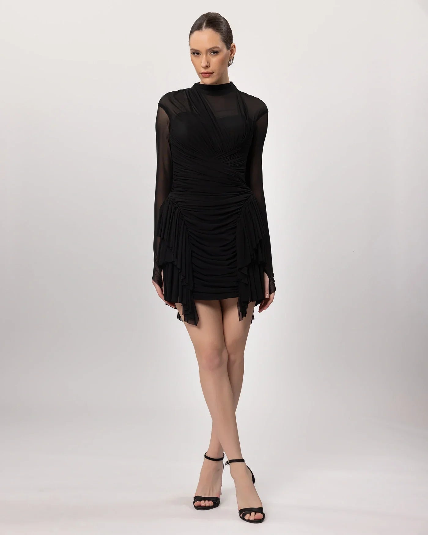 E26310-Transparan Kollu Drapeli Mini Abiye Elbise - Kenzel