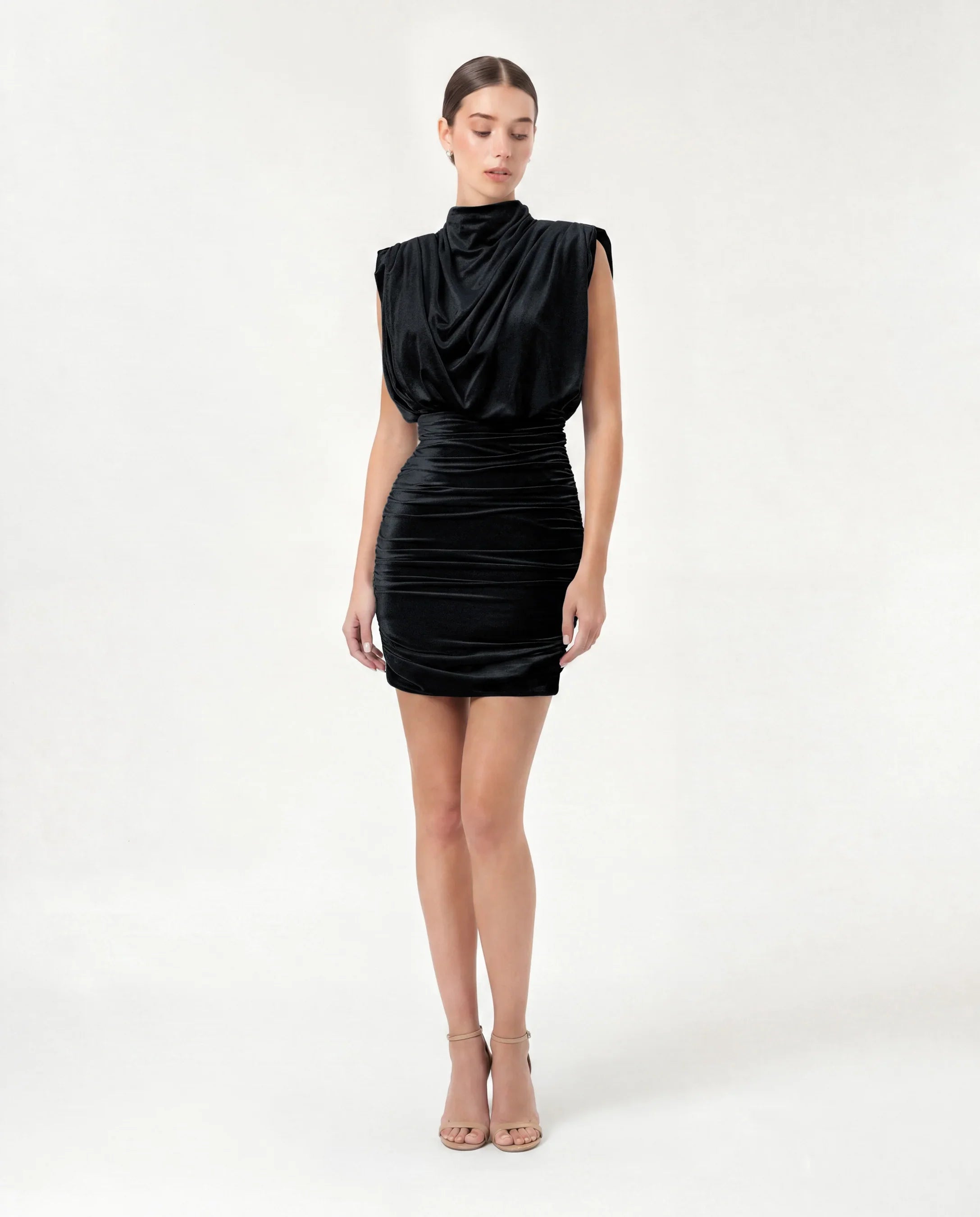 1307-Velvet Cowl Neck Mini Evening Dress