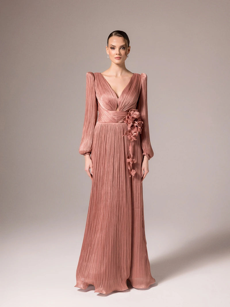 25002-Çiçek Tasarımlya V Yaka Kloş Elbise