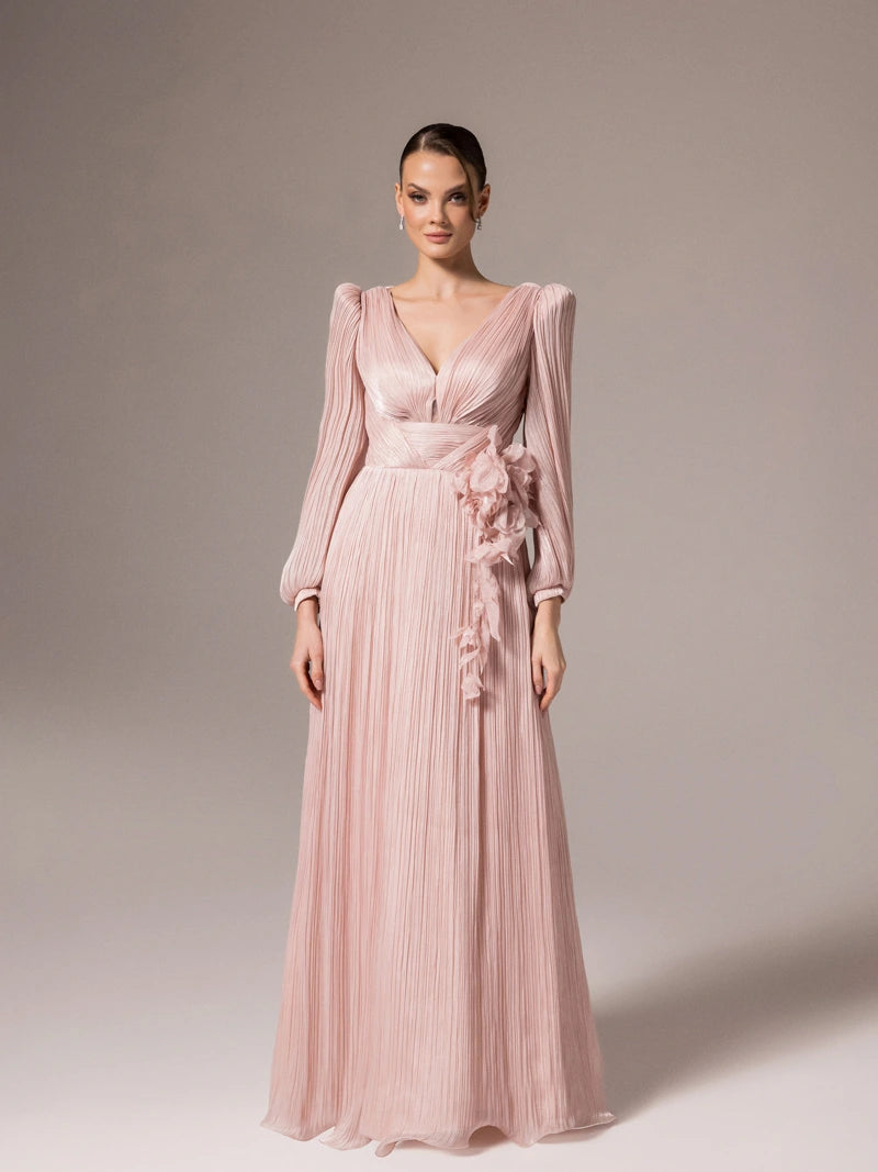 25002-Çiçek Tasarımlya V Yaka Kloş Elbise