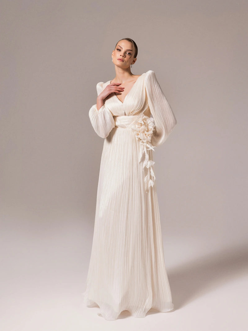 25002-Çiçek Tasarımlya V Yaka Kloş Elbise