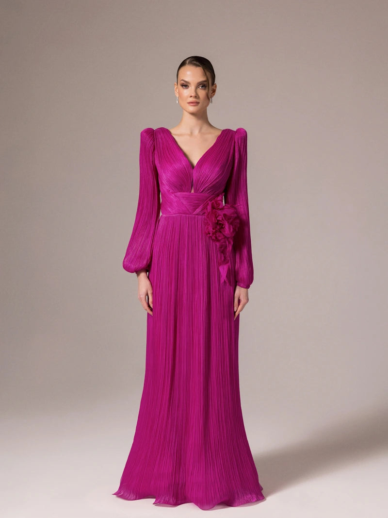 25002-Çiçek Tasarımlya V Yaka Kloş Elbise