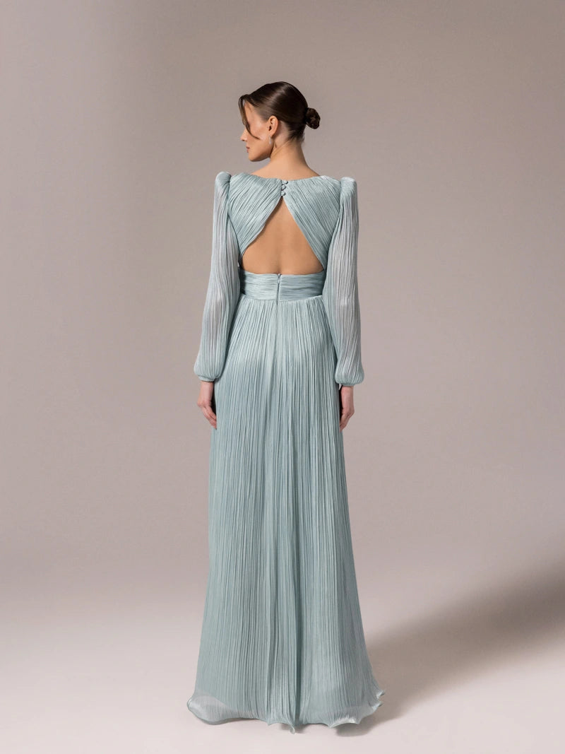 25002-Çiçek Tasarımlya V Yaka Kloş Elbise