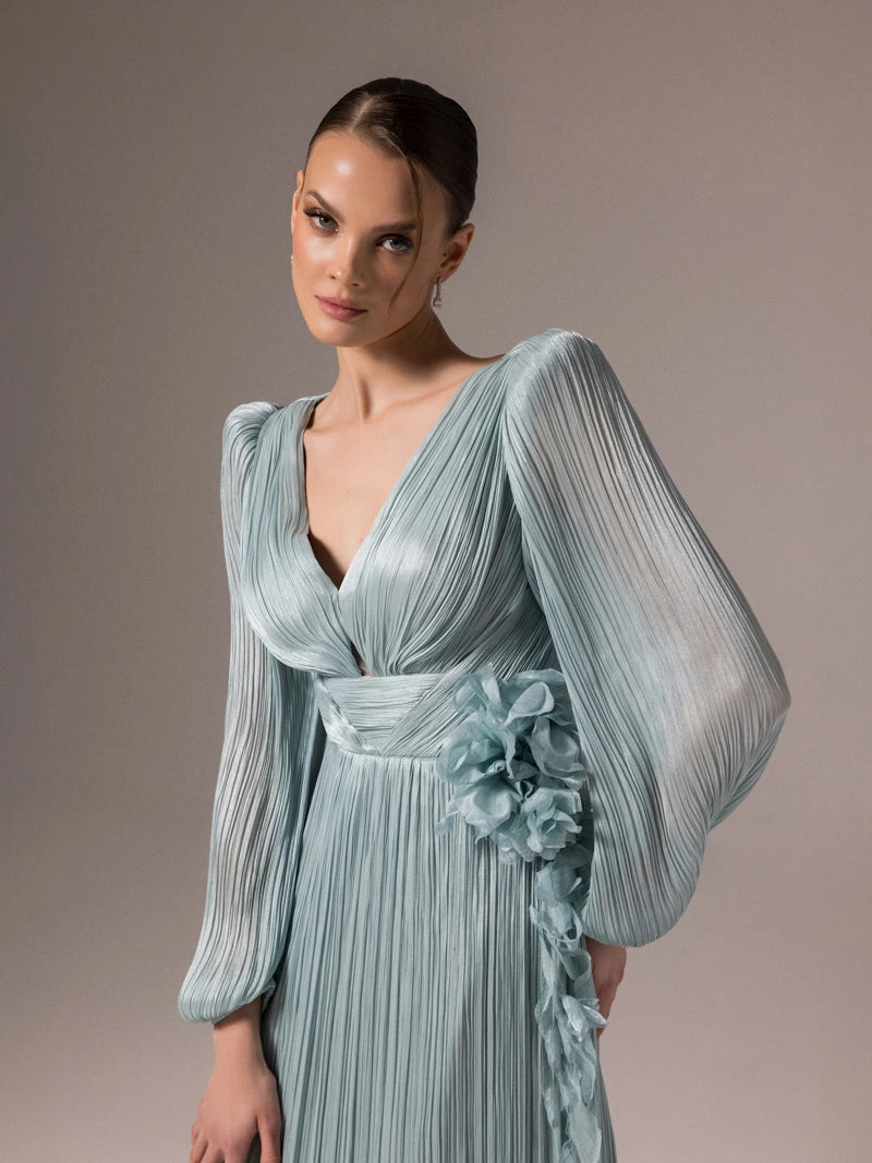 25002-Çiçek Tasarımlya V Yaka Kloş Elbise