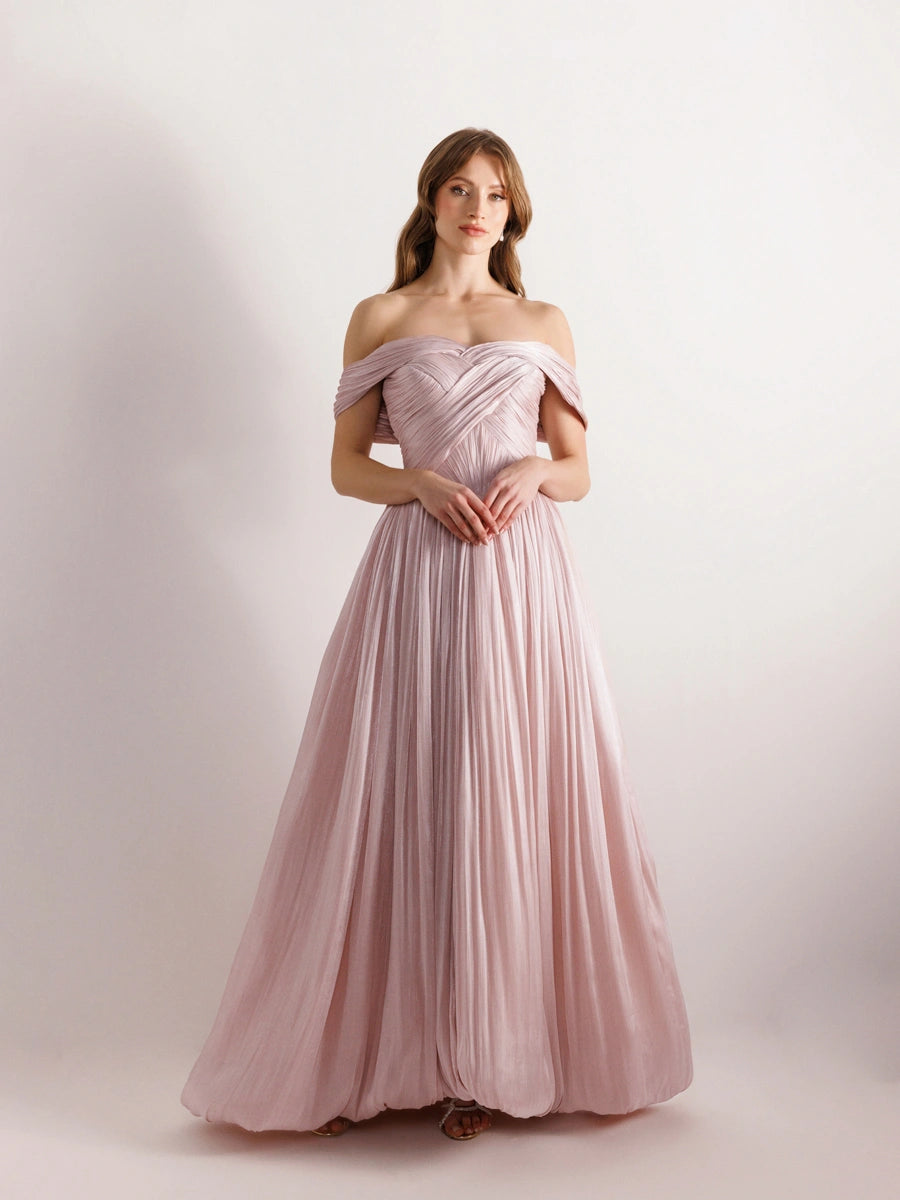 25003-Detaylı Korse Görünümlü Pliseli Kabarık Elbise