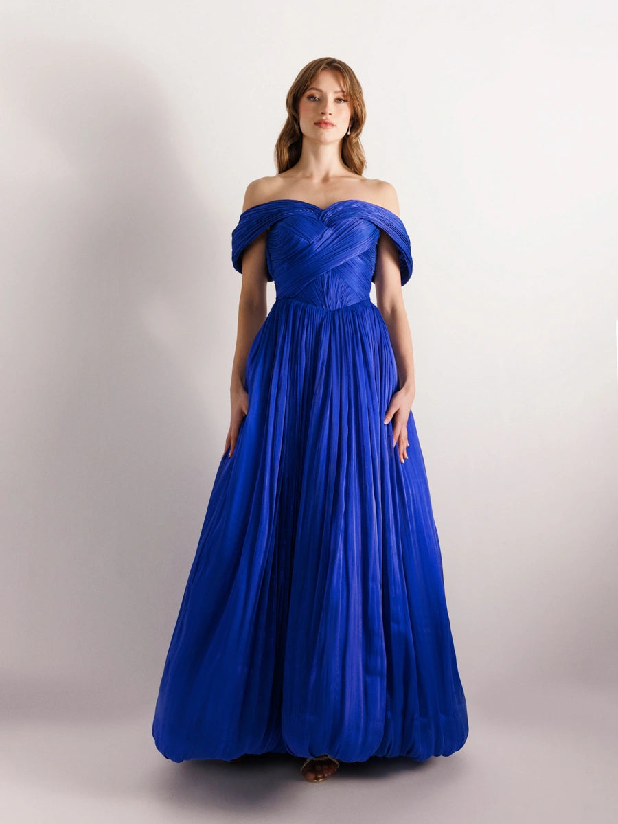 25003-Detaylı Korse Görünümlü Pliseli Kabarık Elbise